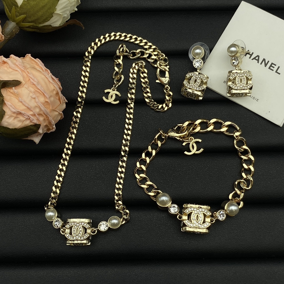 Gold-Toned Jewelry Set with Pearl & Crystal Accents (2 Necklaces, Bracelet, 2 Earring Styles)