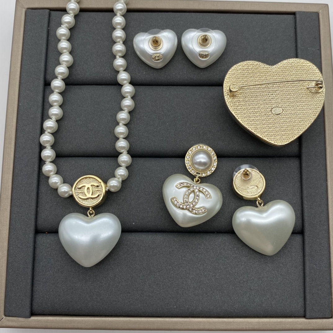 Gold-Toned Pearl & Heart-Motif Jewelry Set (Necklace, 2 Earring Styles, Brooch)