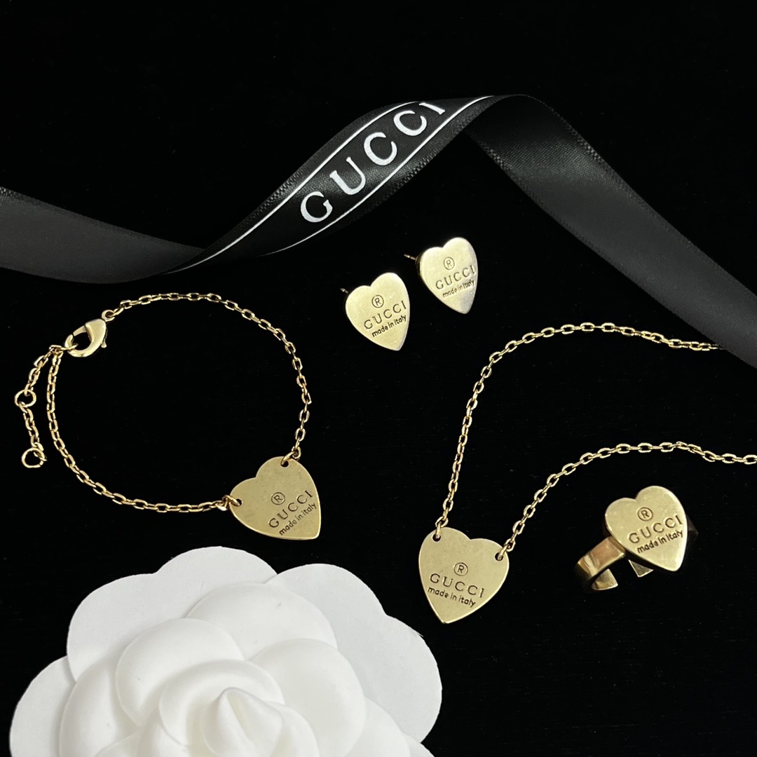 Gold-Tone Engraved Heart Jewelry Set: Necklace, Bracelet, Earrings & Open Ring