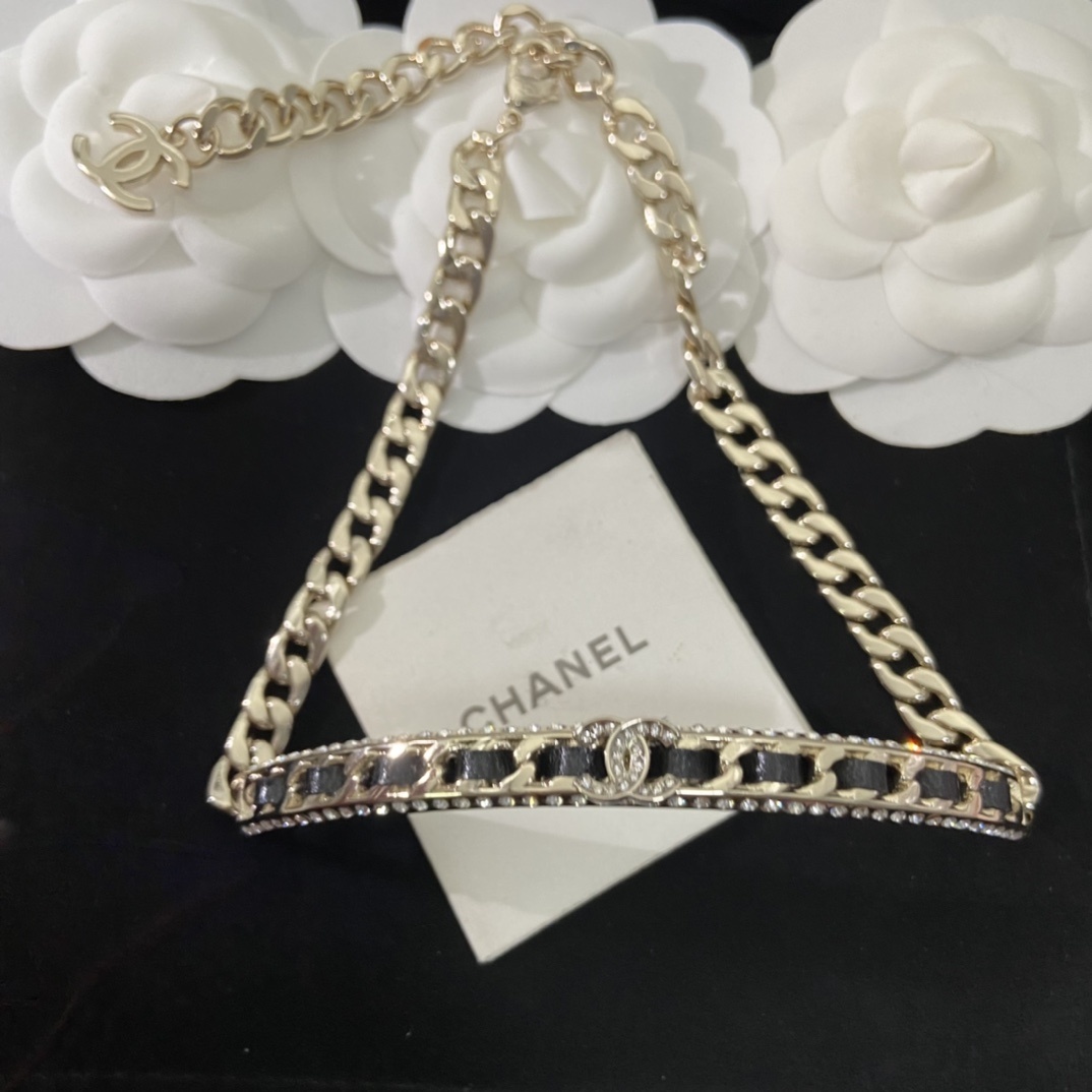 Black PU Leather Choker Necklace & Hoop Earrings Set with Crystal Accents in Gold Tones