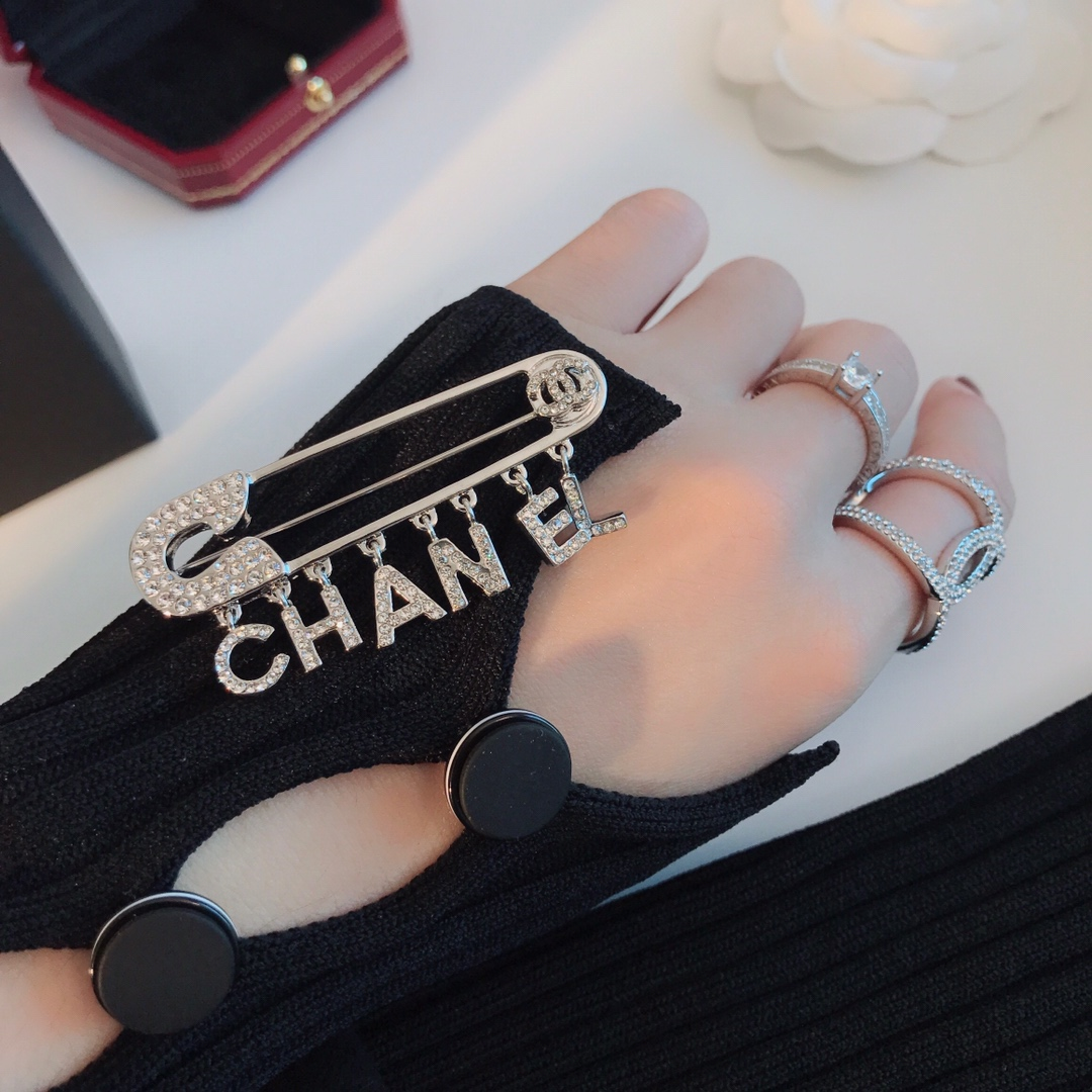  Silver-Tone Safety-Pin Brooch with Crystal Embellishments & Lettering