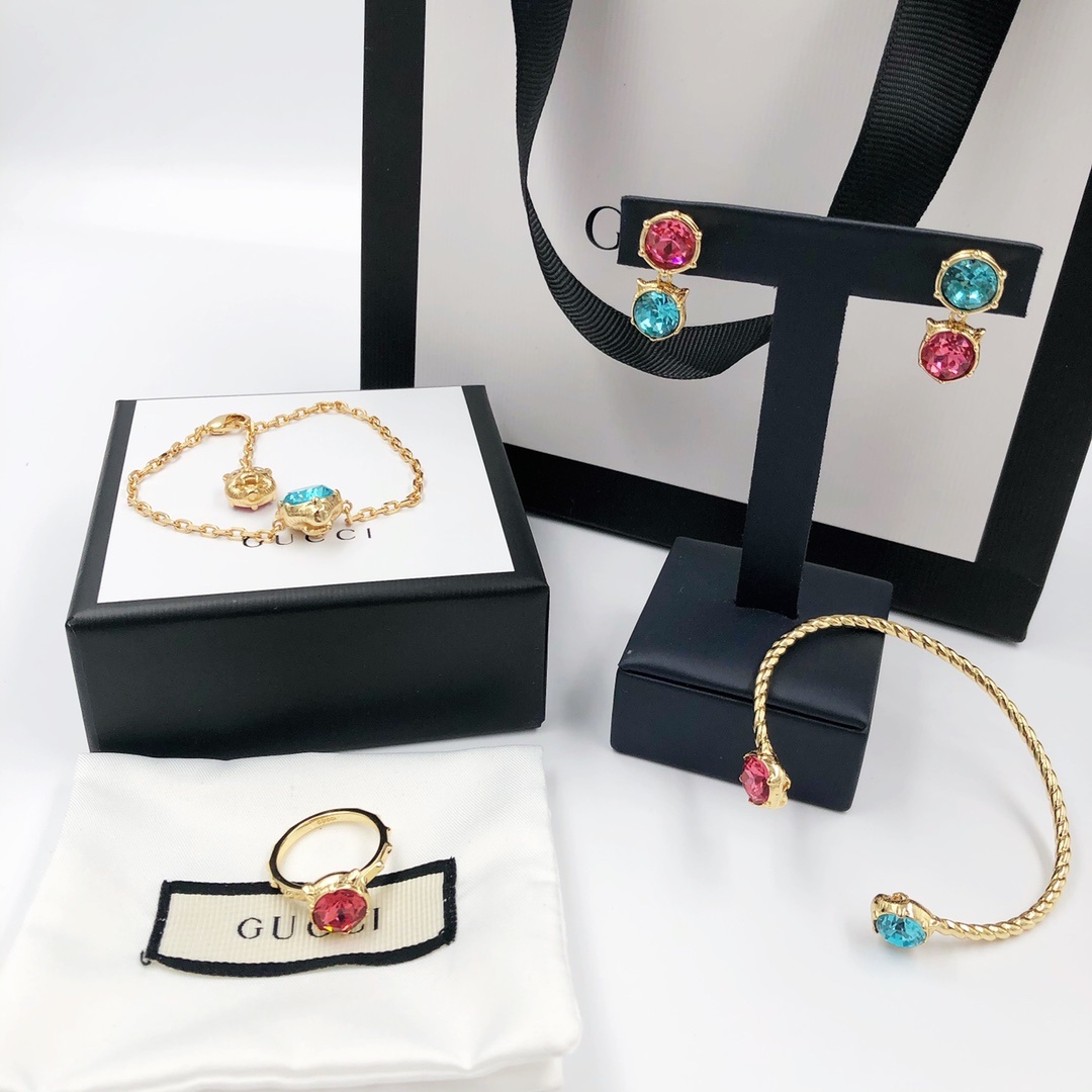 Gold-Tone Twisted Motif & Multi-Color Crystal Jewelry Set: Bracelet, Earrings, Ring & Cuff