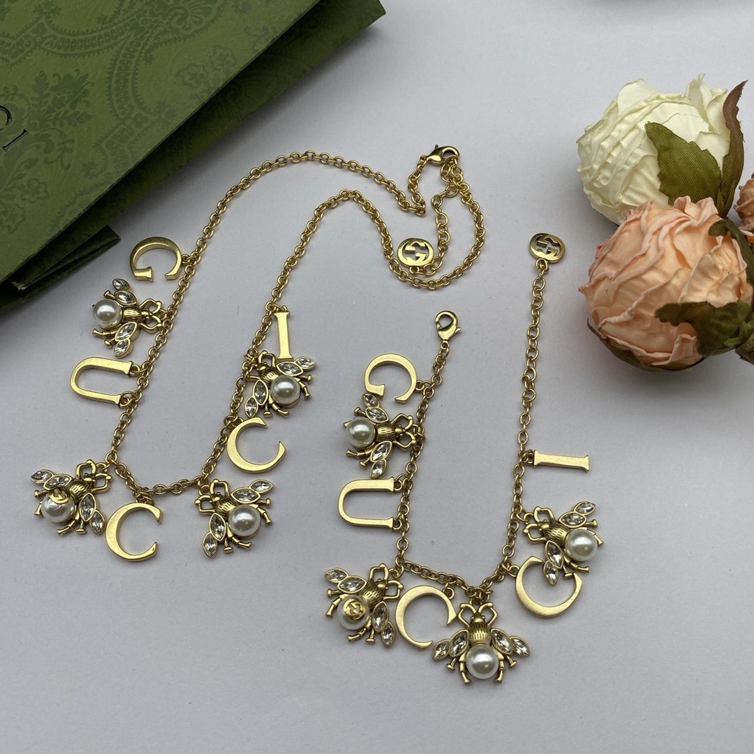 Gold-Tone Letter & Bee Jewelry Set: Necklace, Bracelet & 2 Earring Styles