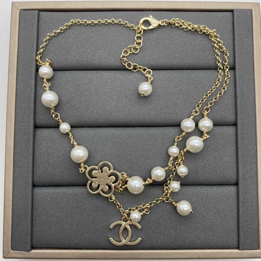 Gold-Toned Double-Layer Pearl & Crystal Jewelry Set (Necklace, Bracelet)
