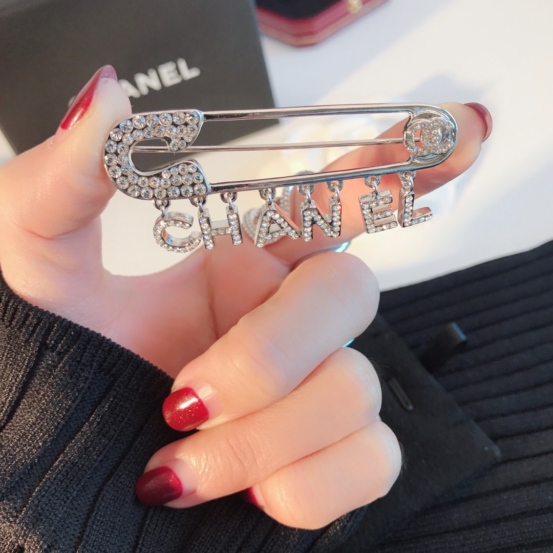  Silver-Tone Safety-Pin Brooch with Crystal Embellishments & Lettering