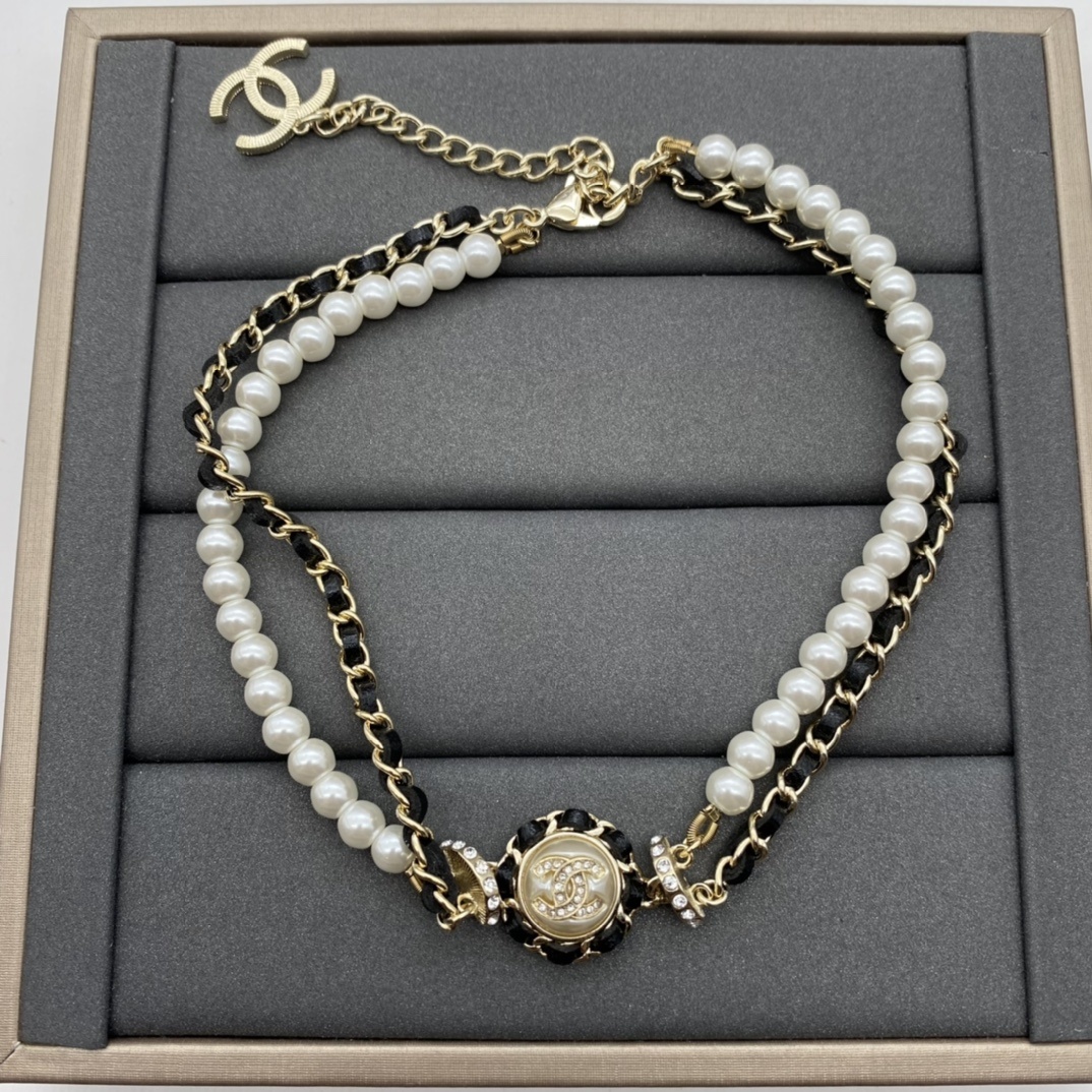 Gold-Toned Pearl & PU Leather Motif Jewelry Set (Double-Layer Necklace, Bracelet, Earrings)