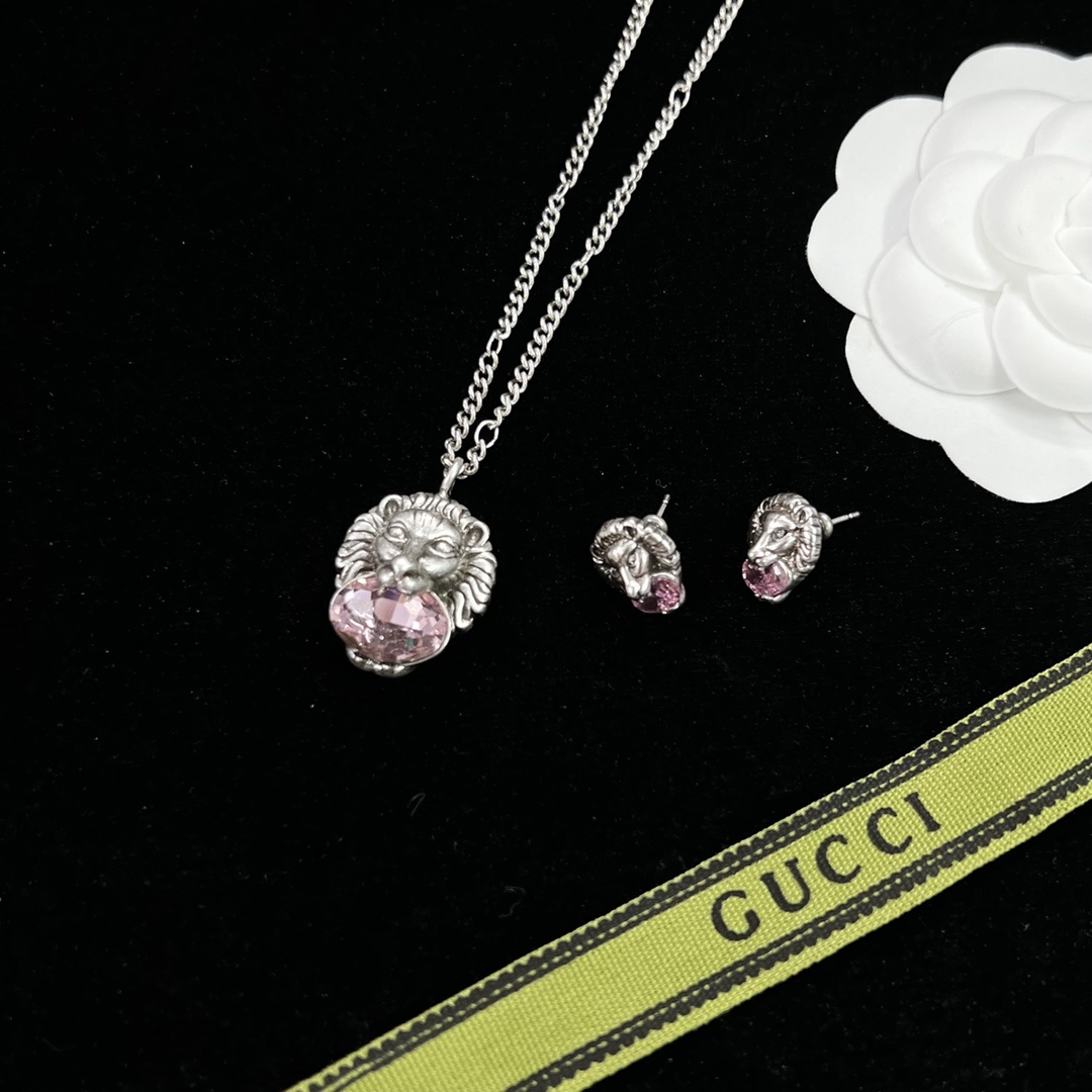 Silver-Tone Lion-Head & Pink Crystal Jewelry Set: Necklace & Earrings