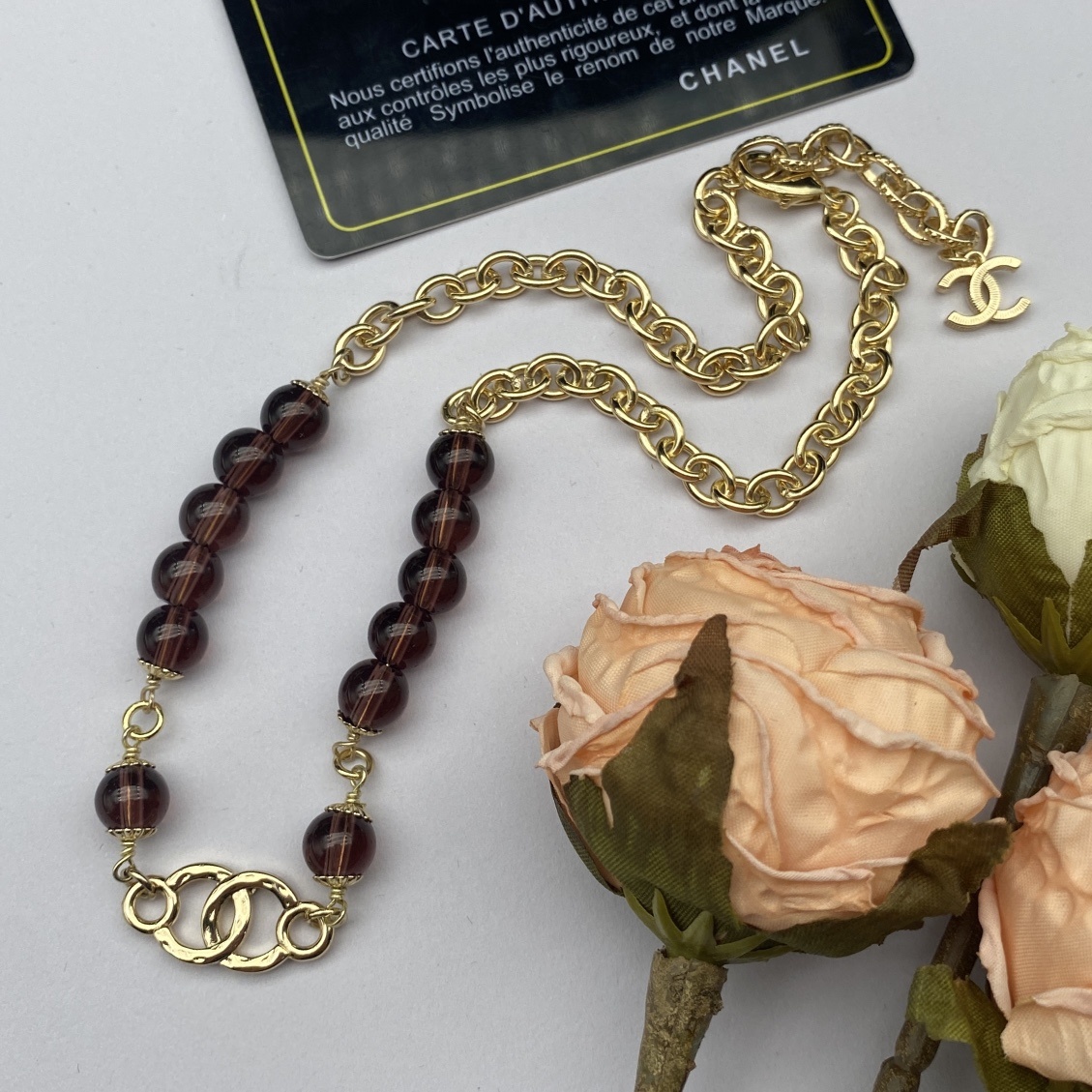 Gold-Toned Jewelry Set with Garnet-Toned Beads & Motif Accents (Necklace, Bracelet)