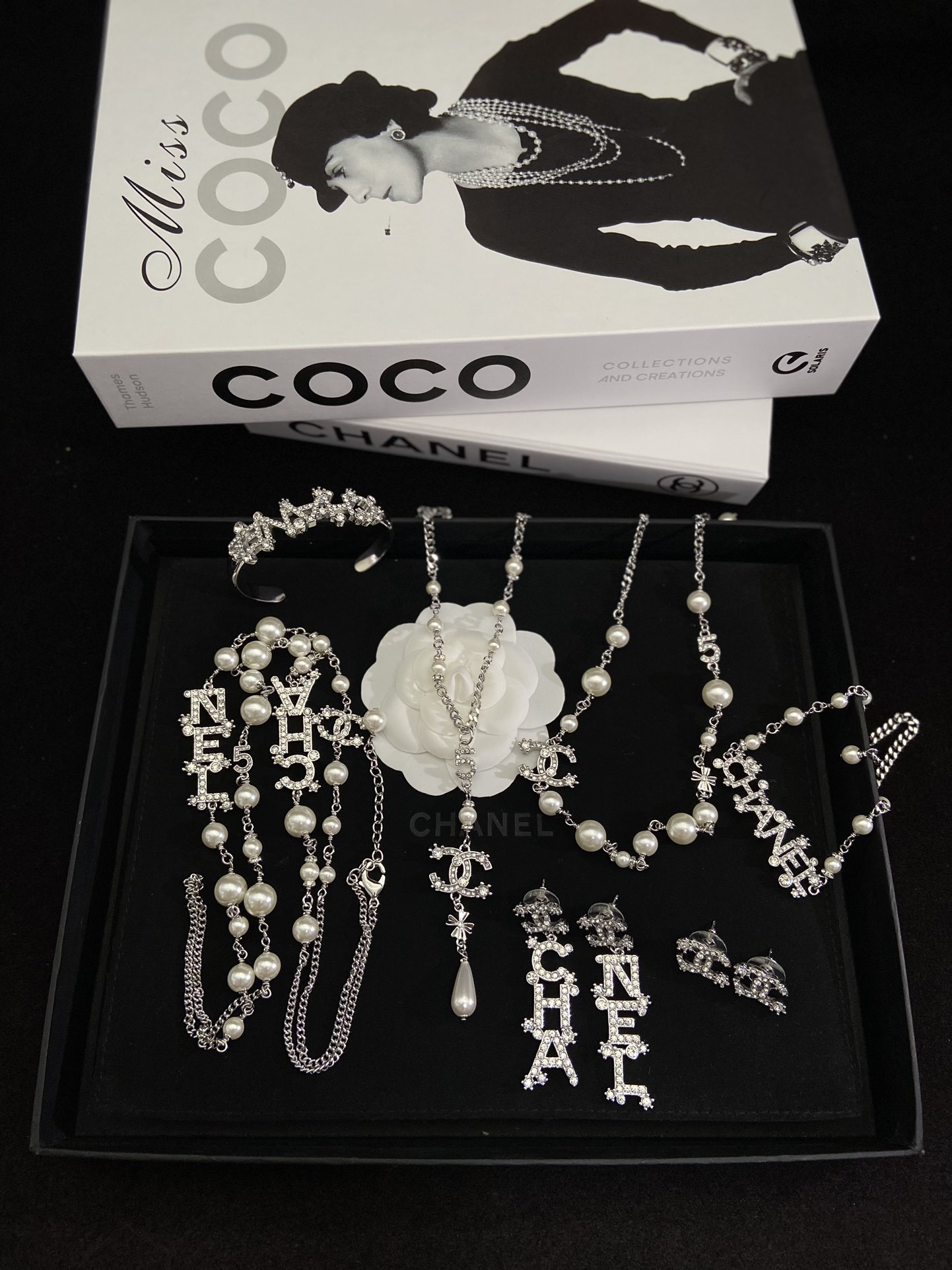 Silver-Toned Jewelry Set with Pearl & Letter Motifs (4 Necklaces, 2 Earring Styles, Open Cuff Bracelet)
