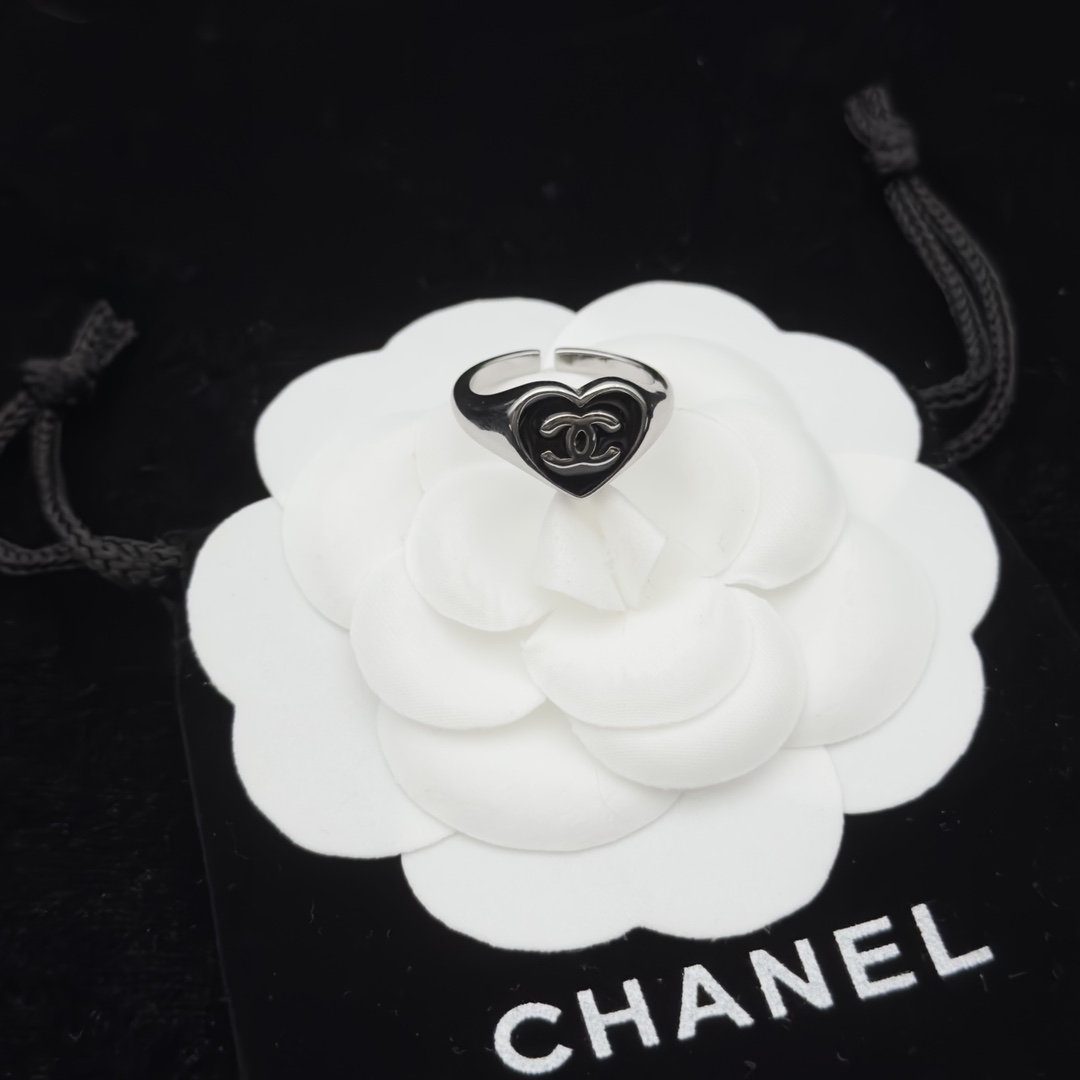 Black Enamel Open Ring with Polished Metal Accents