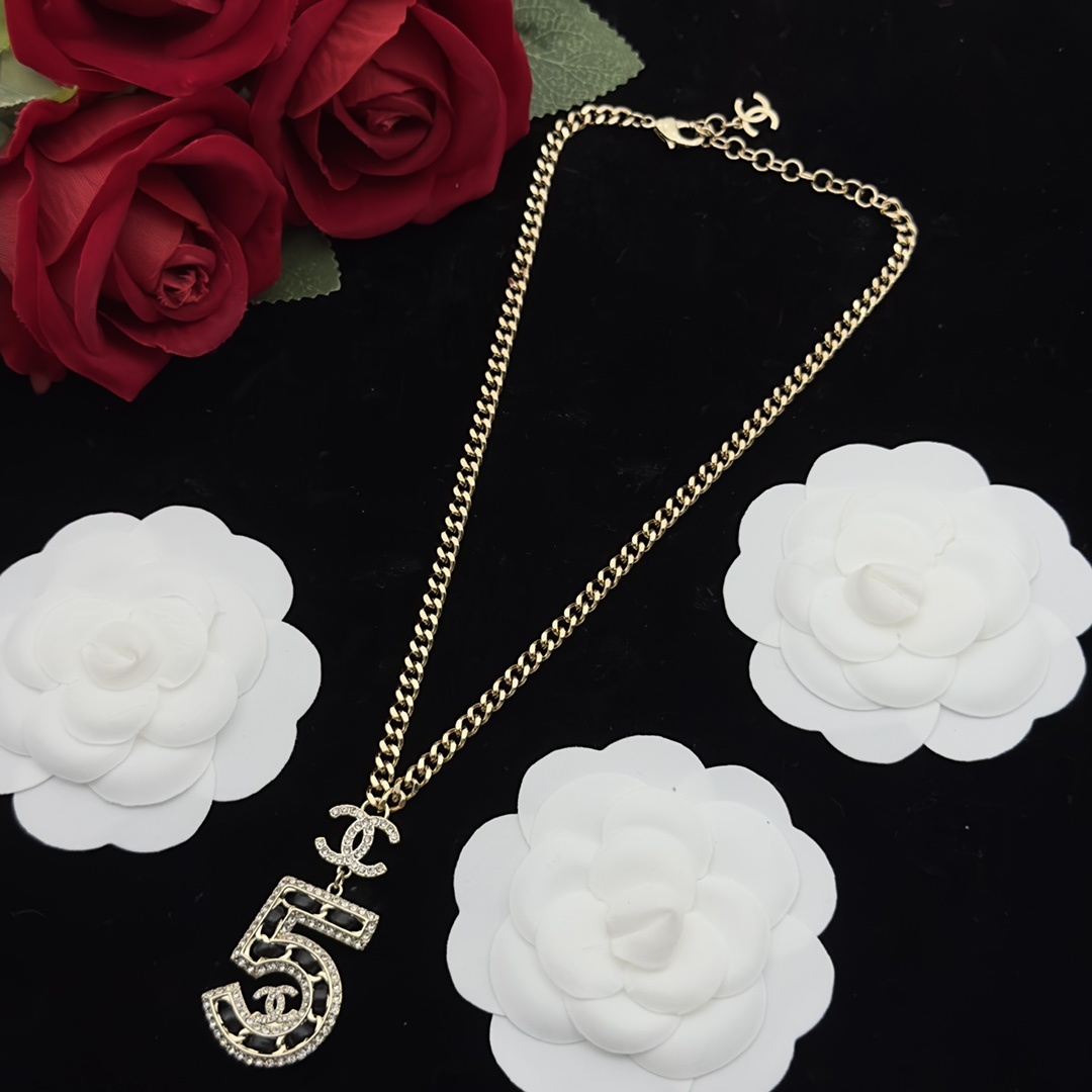 Gold-Toned Number "5" & Pearl Jewelry Set (4 Necklaces, 2 Earring Styles, Brooch)