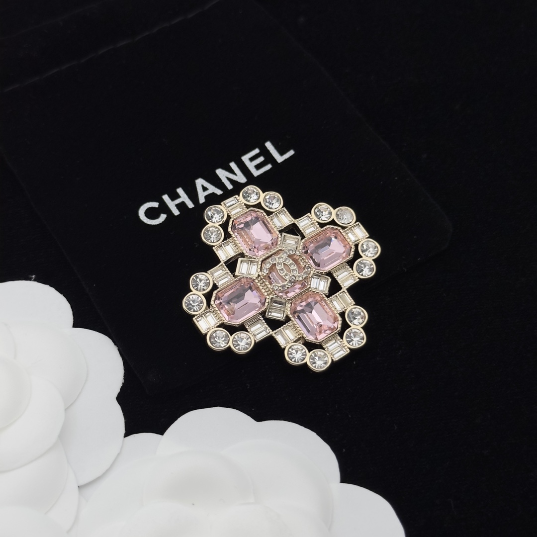 Gold-Tone Cross-Shaped Brooch with Pink & Clear Crystals