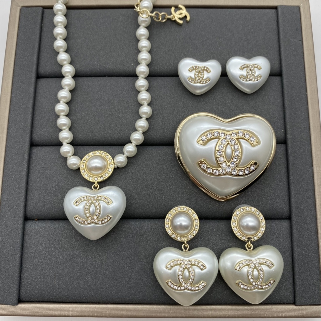 Gold-Toned Pearl & Heart-Motif Jewelry Set (Necklace, 2 Earring Styles, Brooch)