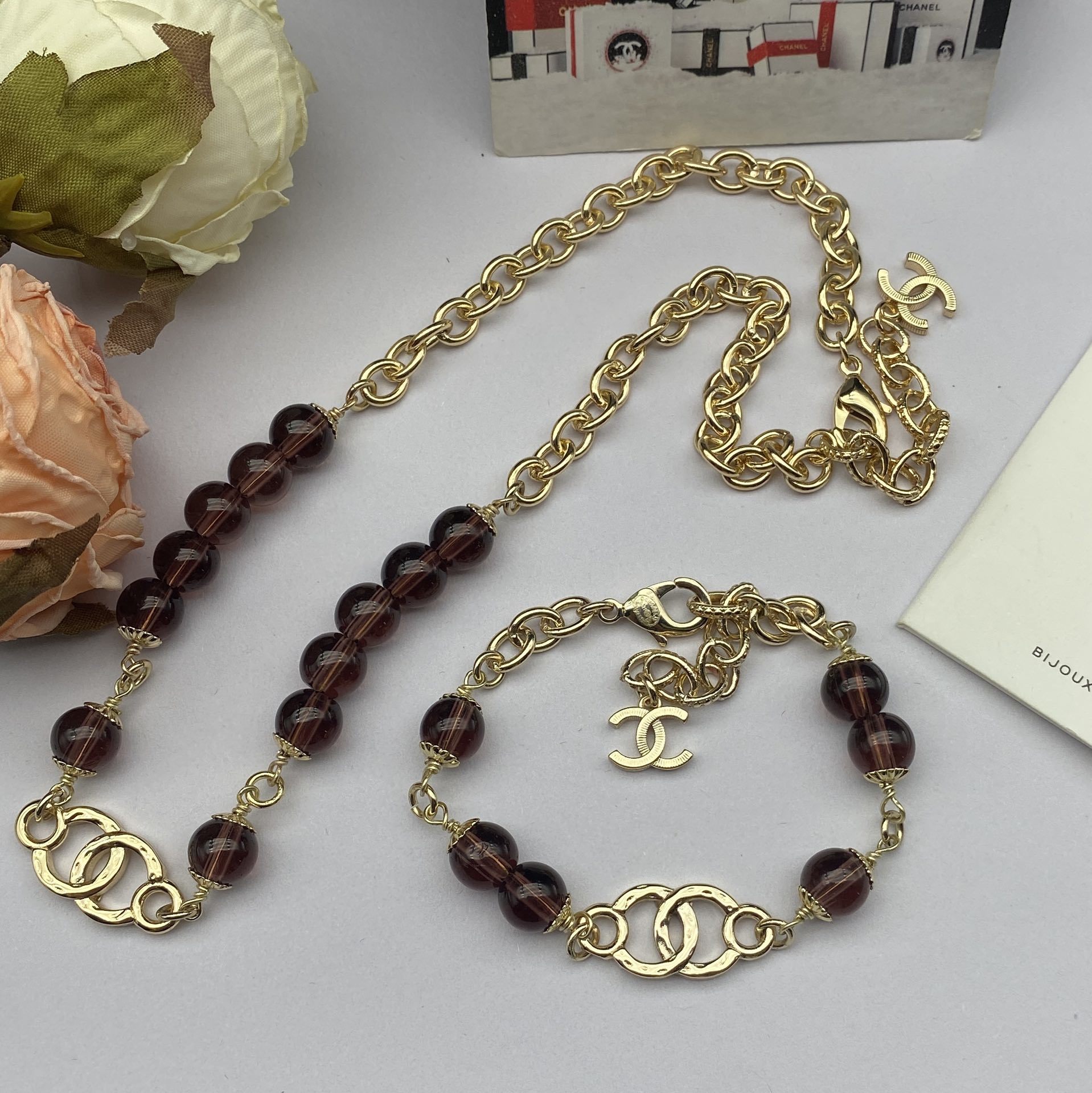 Gold-Toned Jewelry Set with Garnet-Toned Beads & Motif Accents (Necklace, Bracelet)