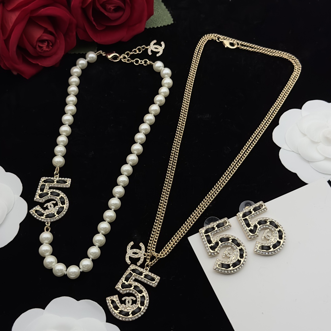 Gold-Toned Number "5" & Pearl Jewelry Set (4 Necklaces, 2 Earring Styles, Brooch)