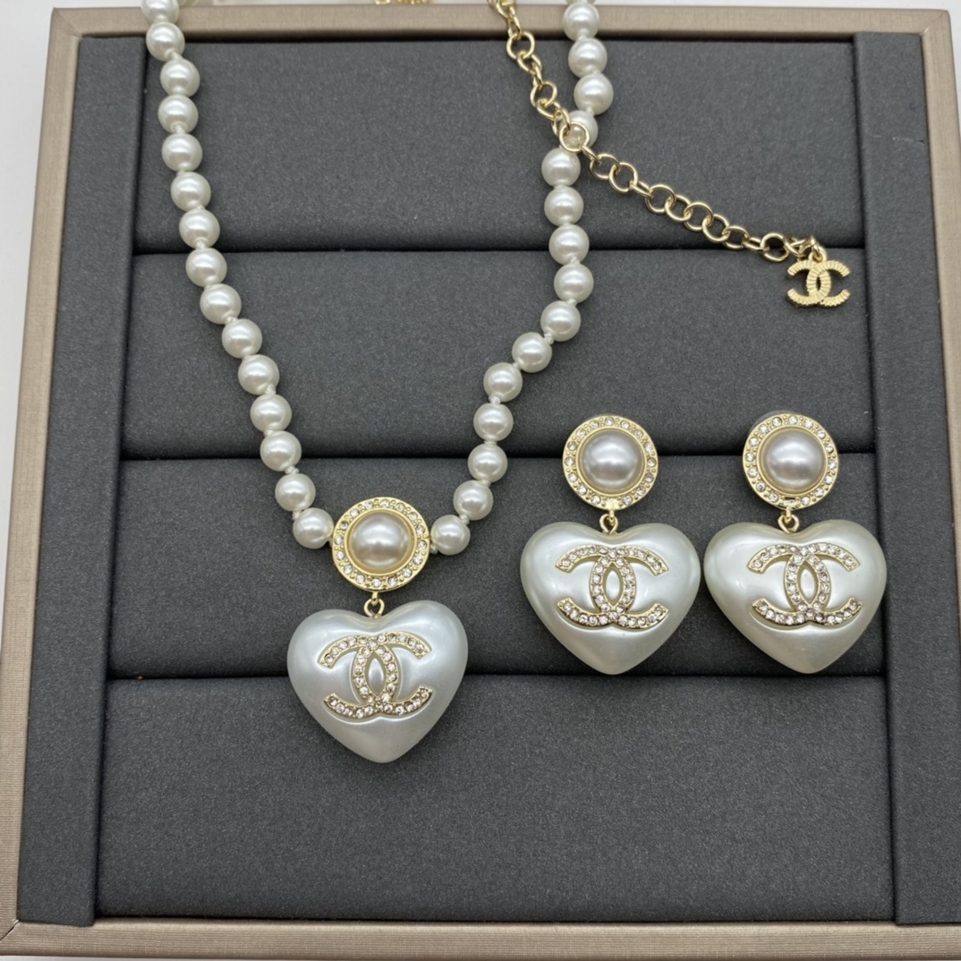 Gold-Toned Pearl & Heart-Motif Jewelry Set (Necklace, 2 Earring Styles, Brooch)