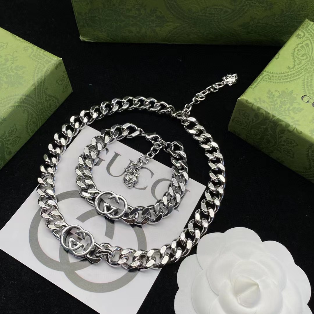 Silver-Tone Chain Jewelry Set: Statement Necklace & Bracelet