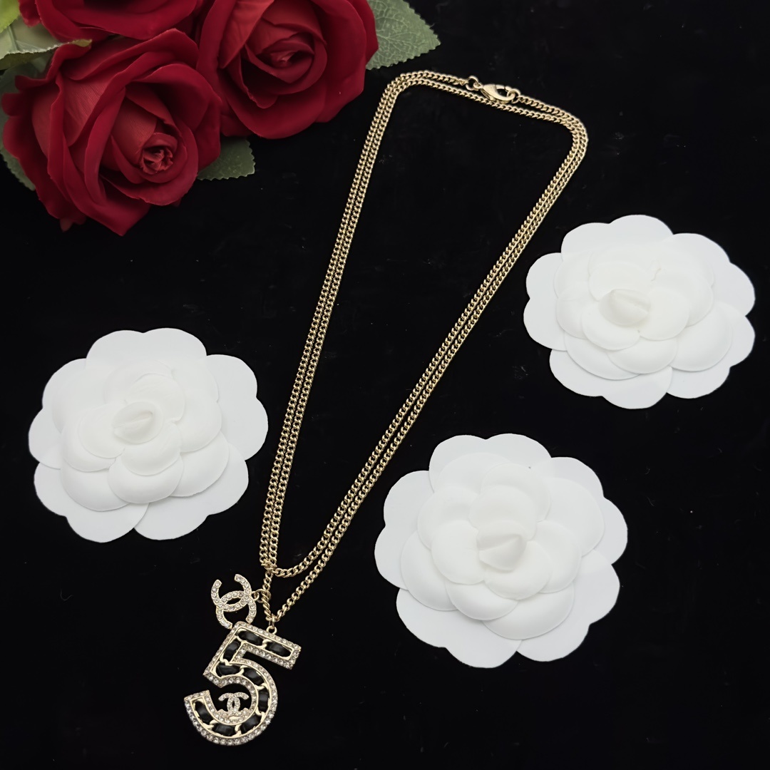 Gold-Toned Number "5" & Pearl Jewelry Set (4 Necklaces, 2 Earring Styles, Brooch)