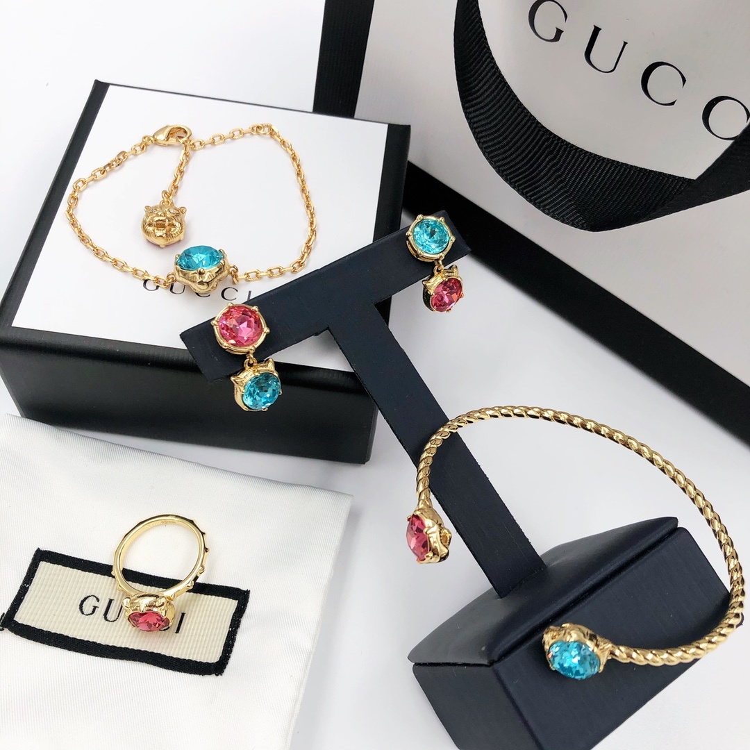 Gold-Tone Twisted Motif & Multi-Color Crystal Jewelry Set: Bracelet, Earrings, Ring & Cuff