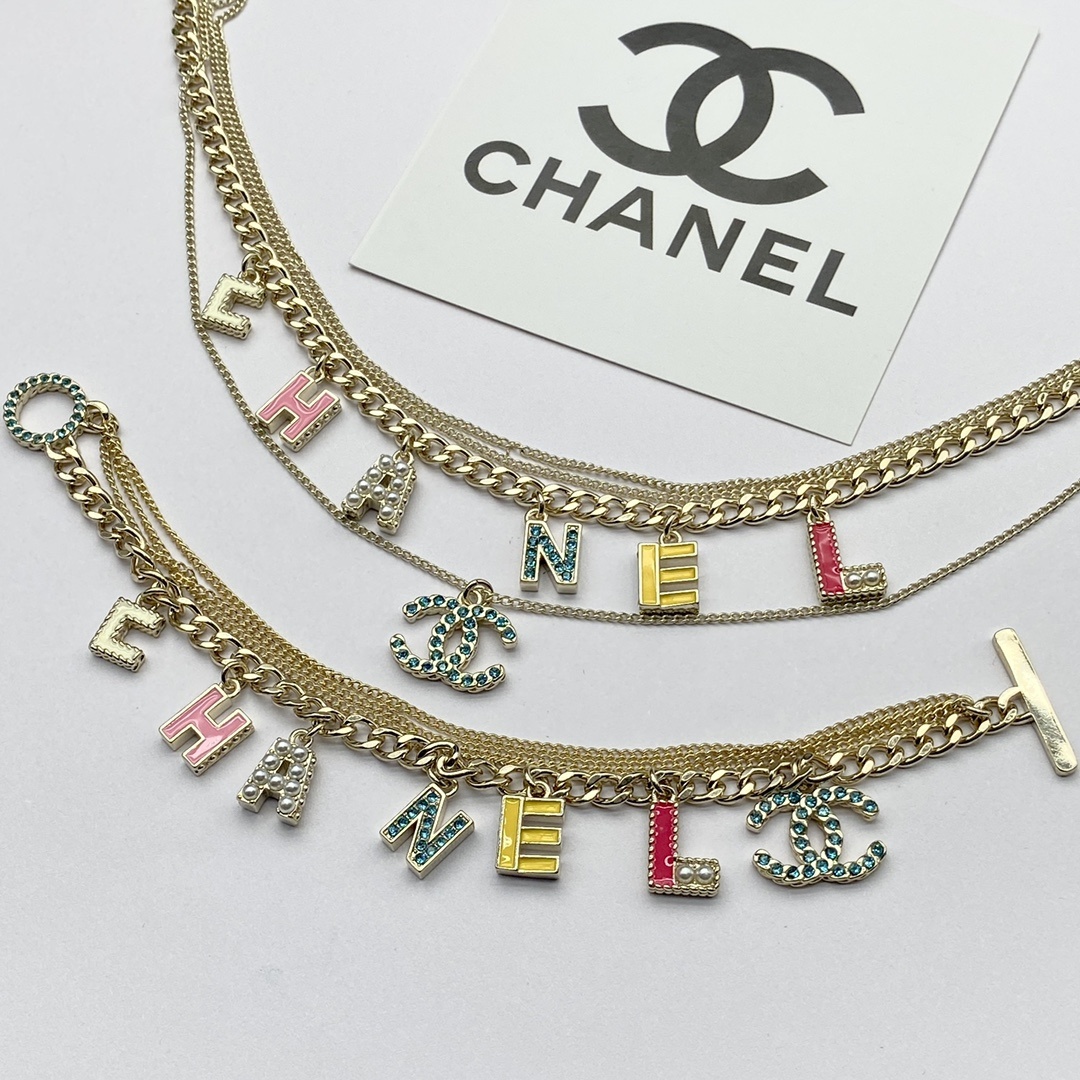 Multi-Layered Gold-Toned Chain Jewelry Set with Colorful Letter & Motif Charms
