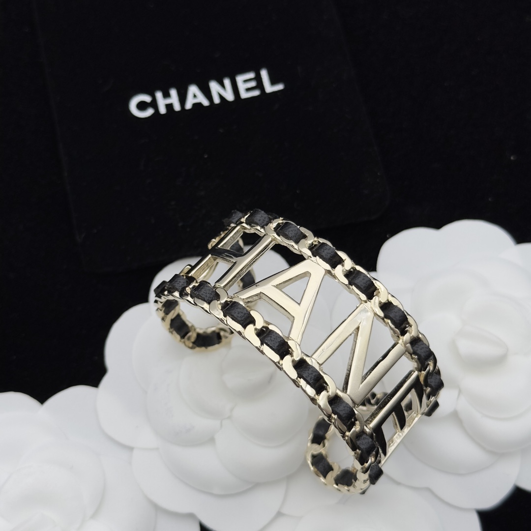 Gold-Tone & Black Leather Open Cuff Bracelet (Lettered Design)