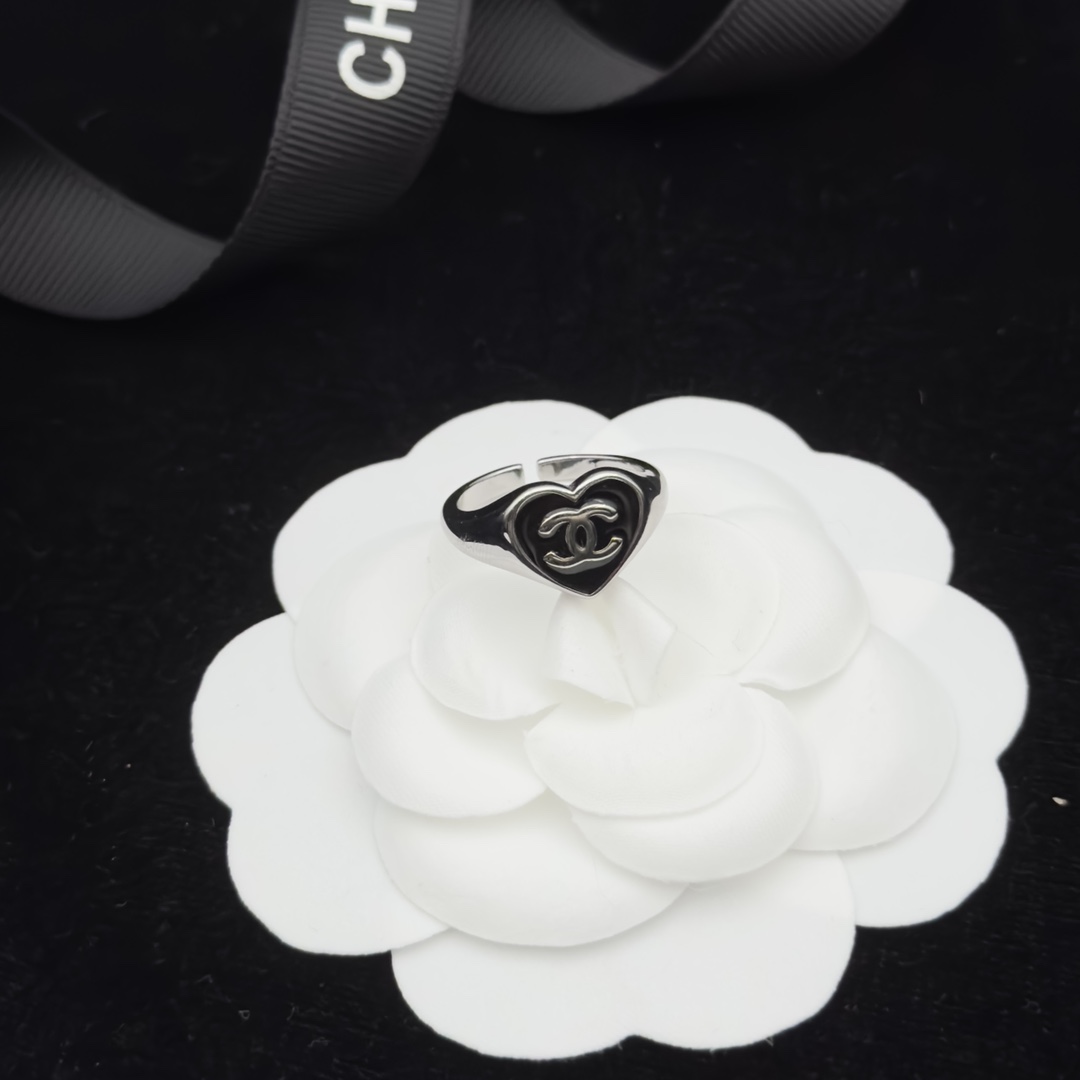 Black Enamel Open Ring with Polished Metal Accents