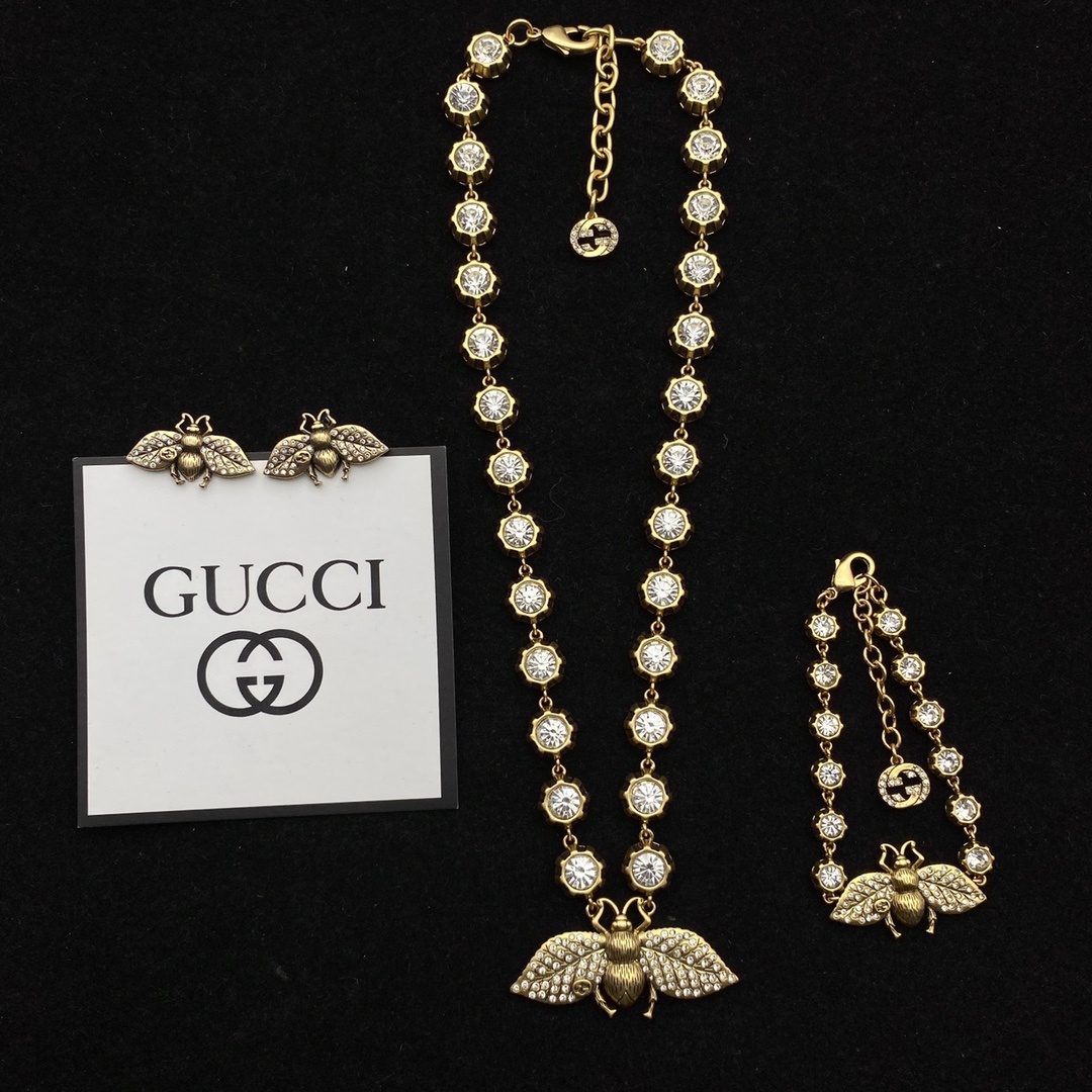 Gold-Tone Crystal Bee Jewelry Set: Necklace, Bracelet & Earrings