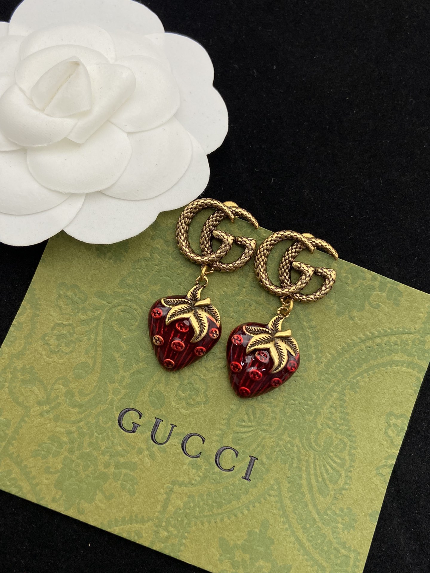 Gold-Tone Red & Green Accent Strawberry Jewelry Set: Earrings & Brooch