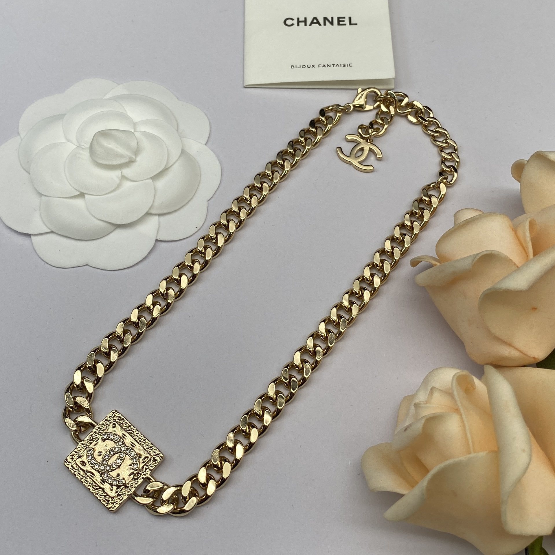 Gold-Toned Jewelry Set with Crystal-Embellished Square Motifs (Necklace, Bracelets, Earrings, Brooch)