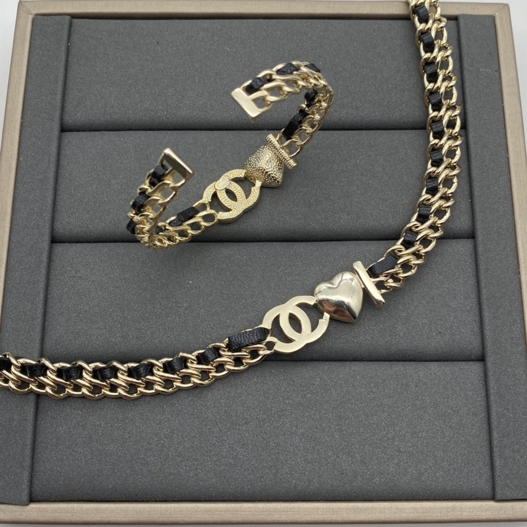 Black PU Leather Jewelry Set with Pink Heart & Crystal Accents in Gold Tones