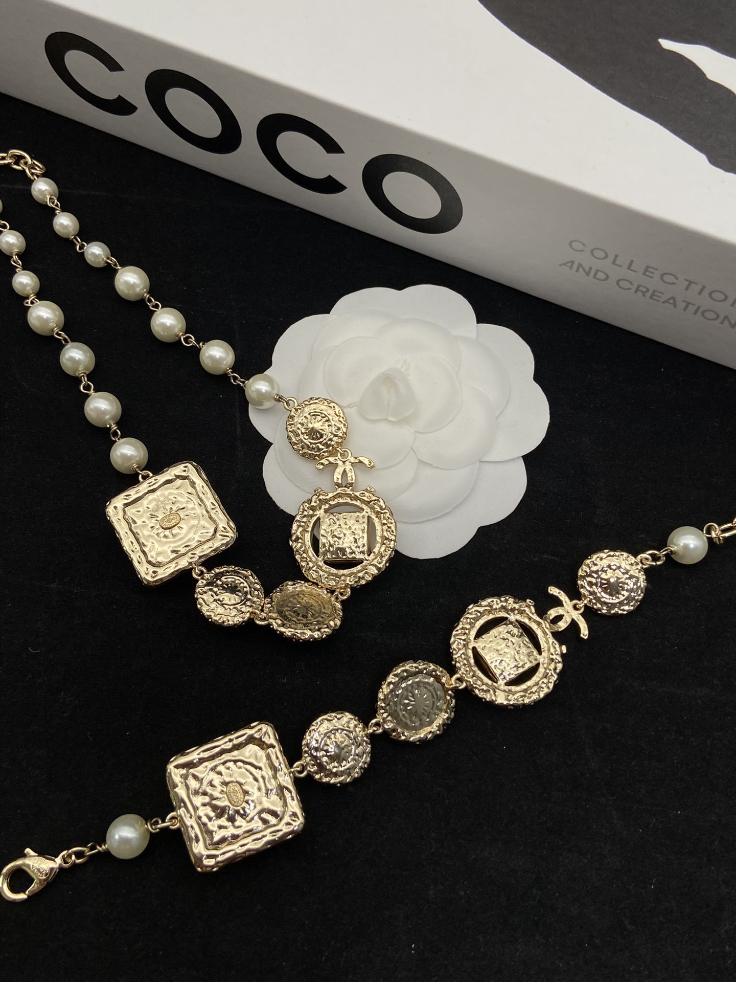 Gold-Toned & Pearl Jewelry Set with Crystal & Textured Accents (3 Earring Styles, Necklace, Bracelet)