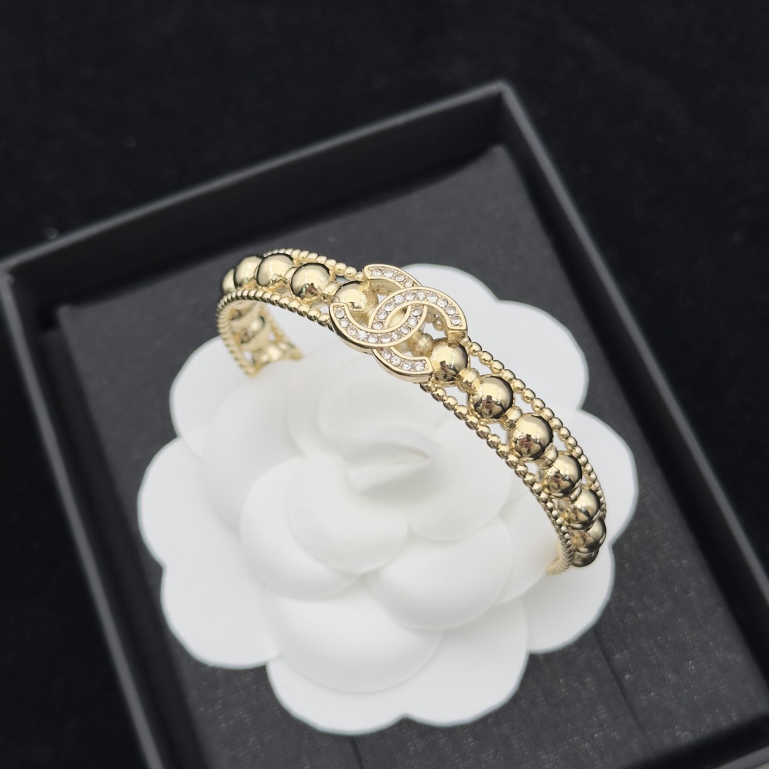 Gold-Tone Beaded Open Cuff Bracelet (Crystal Motif Accent)