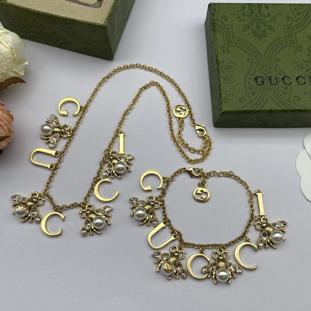 Gold-Tone Letter & Bee Jewelry Set: Necklace, Bracelet & 2 Earring Styles
