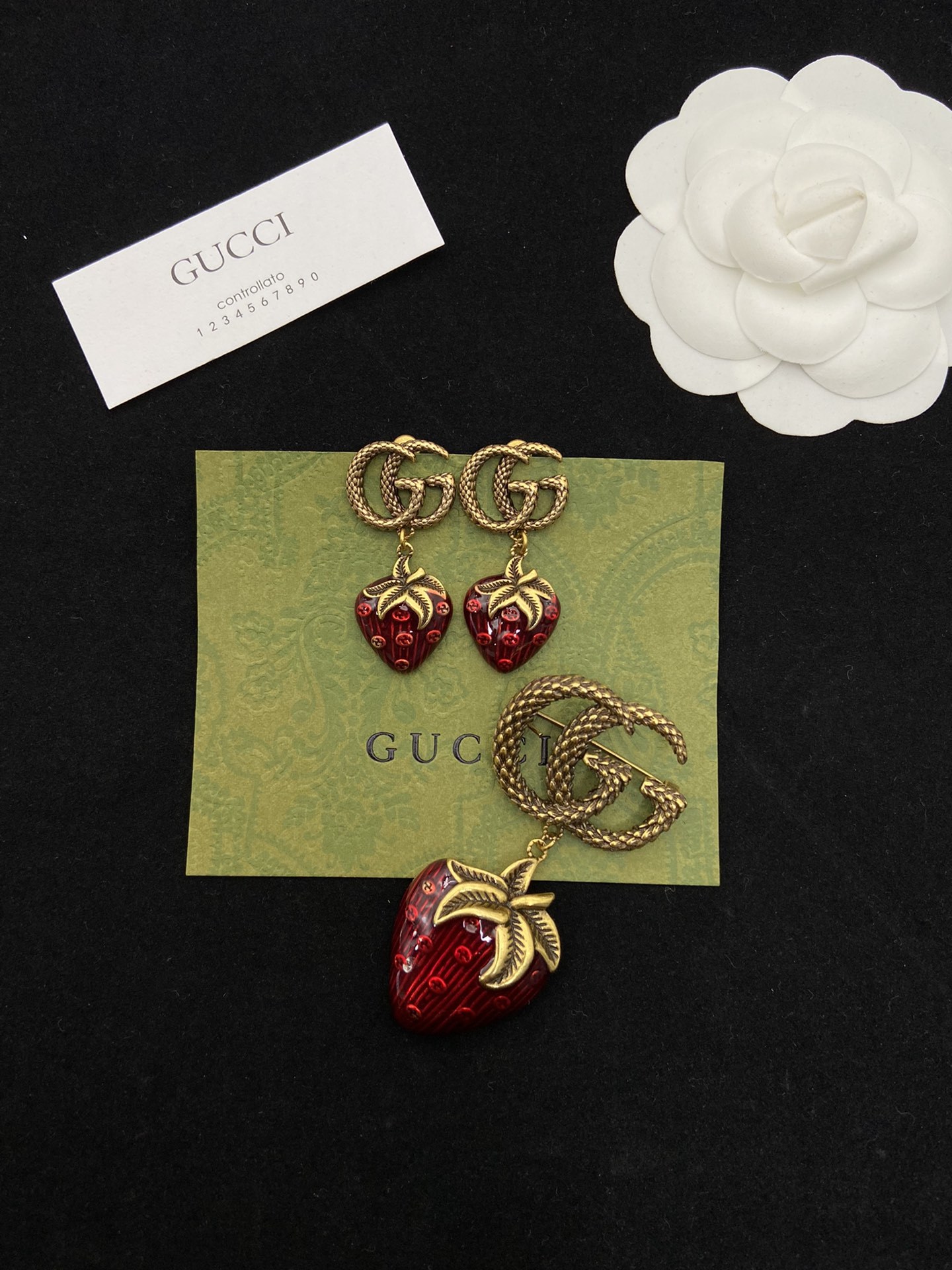 Gold-Tone Red & Green Accent Strawberry Jewelry Set: Earrings & Brooch