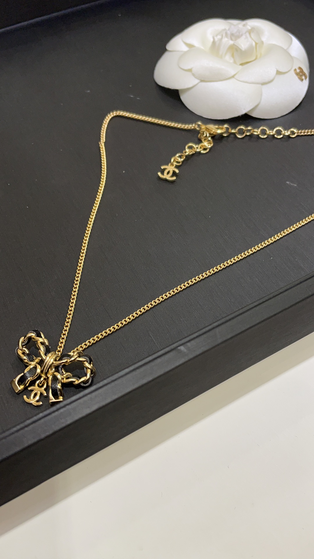 Two-Tone (Gold & Black PU Leather) Jewelry Set with Bow Motifs (Necklace, 2 Earring Styles, Open Ring)