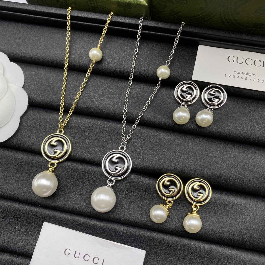 Two-Tone Pearl & Geometric Jewelry Set: Necklaces + Earrings