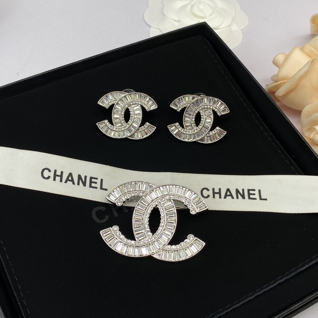 Silver-Tone Double-Loop Jewelry Set (Brooch & Earrings) with Baguette Crystals