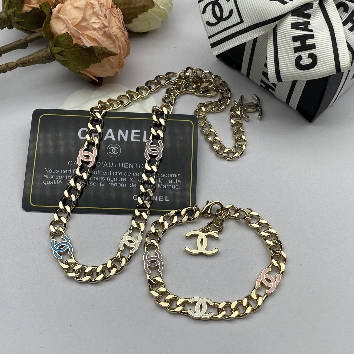 Gold-Toned Chain Jewelry Set with Multi-Color Enamel Letter Motifs
