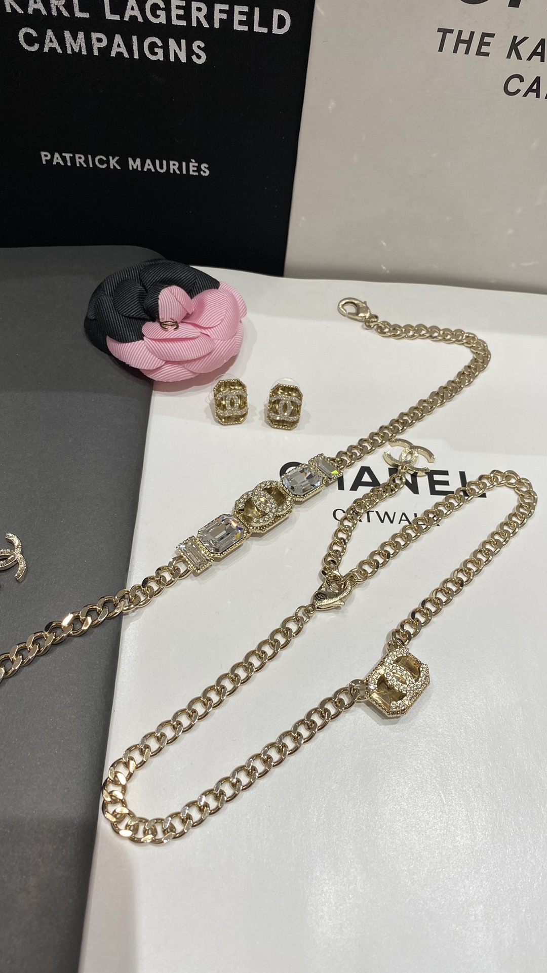 Double-Layered Gold-Toned Chain Jewelry Set with Crystal-Accented Motifs (2 Necklaces, Earrings)