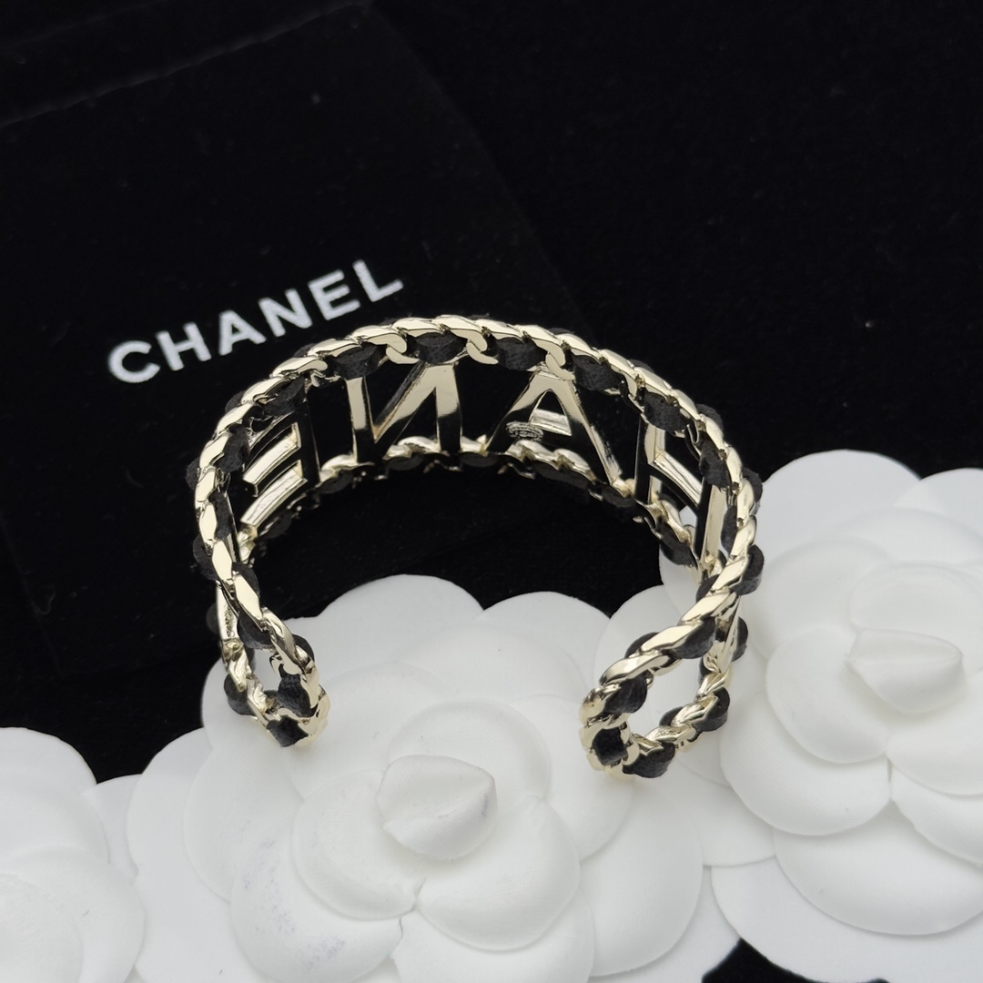 Gold-Tone & Black Leather Open Cuff Bracelet (Lettered Design)