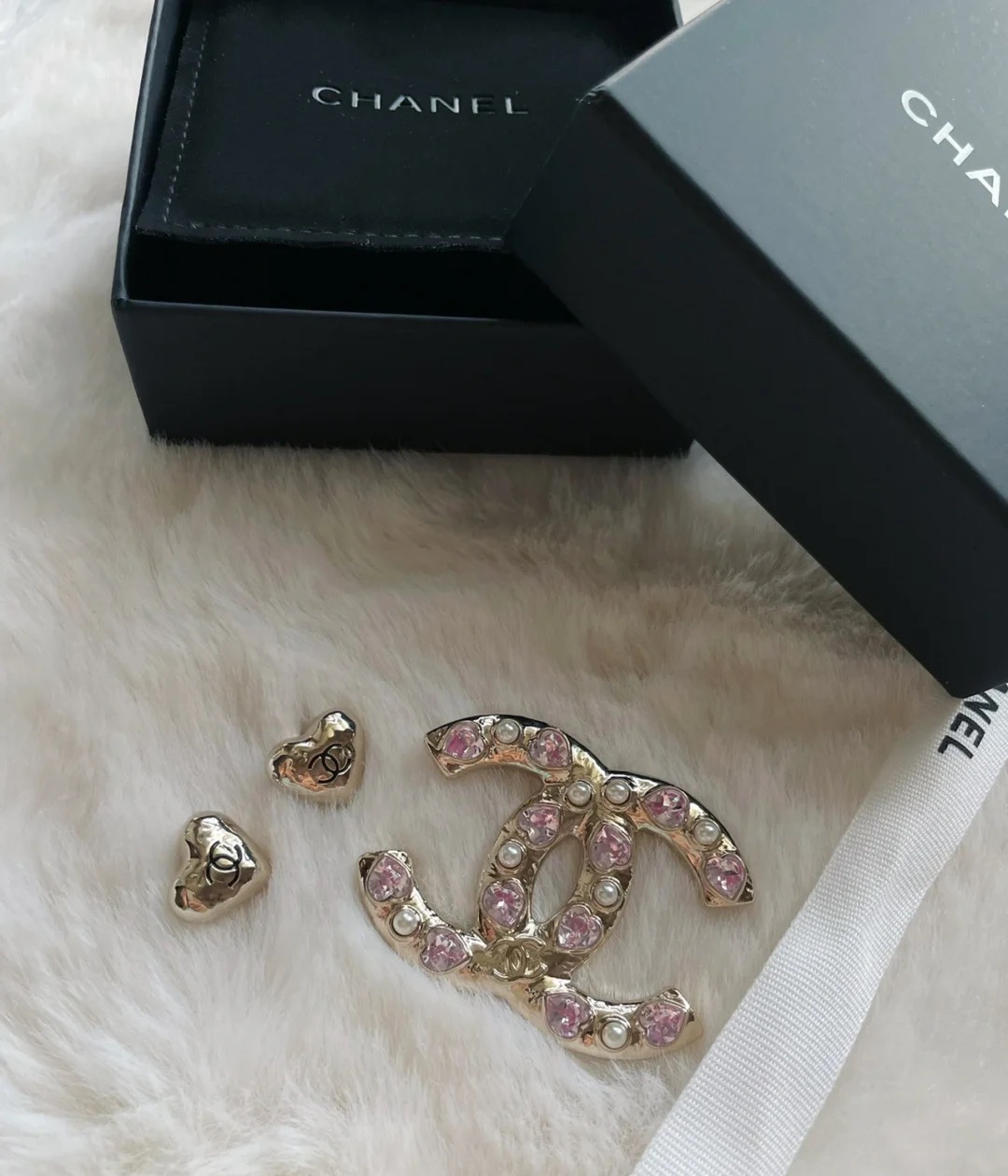 Gold-Tone Logo Brooch with Pink Heart Crystals & Pearls