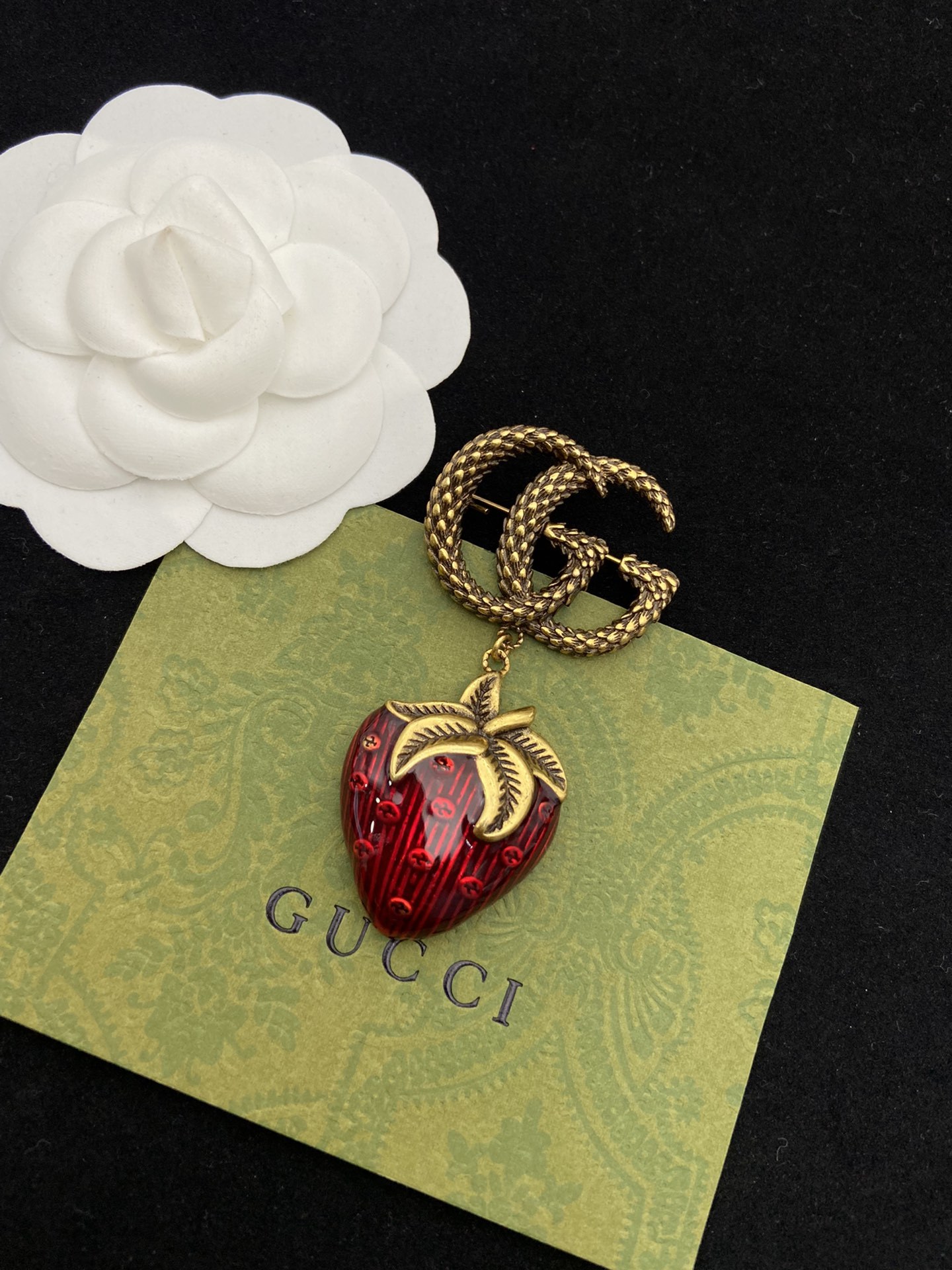 Gold-Tone Red & Green Accent Strawberry Jewelry Set: Earrings & Brooch