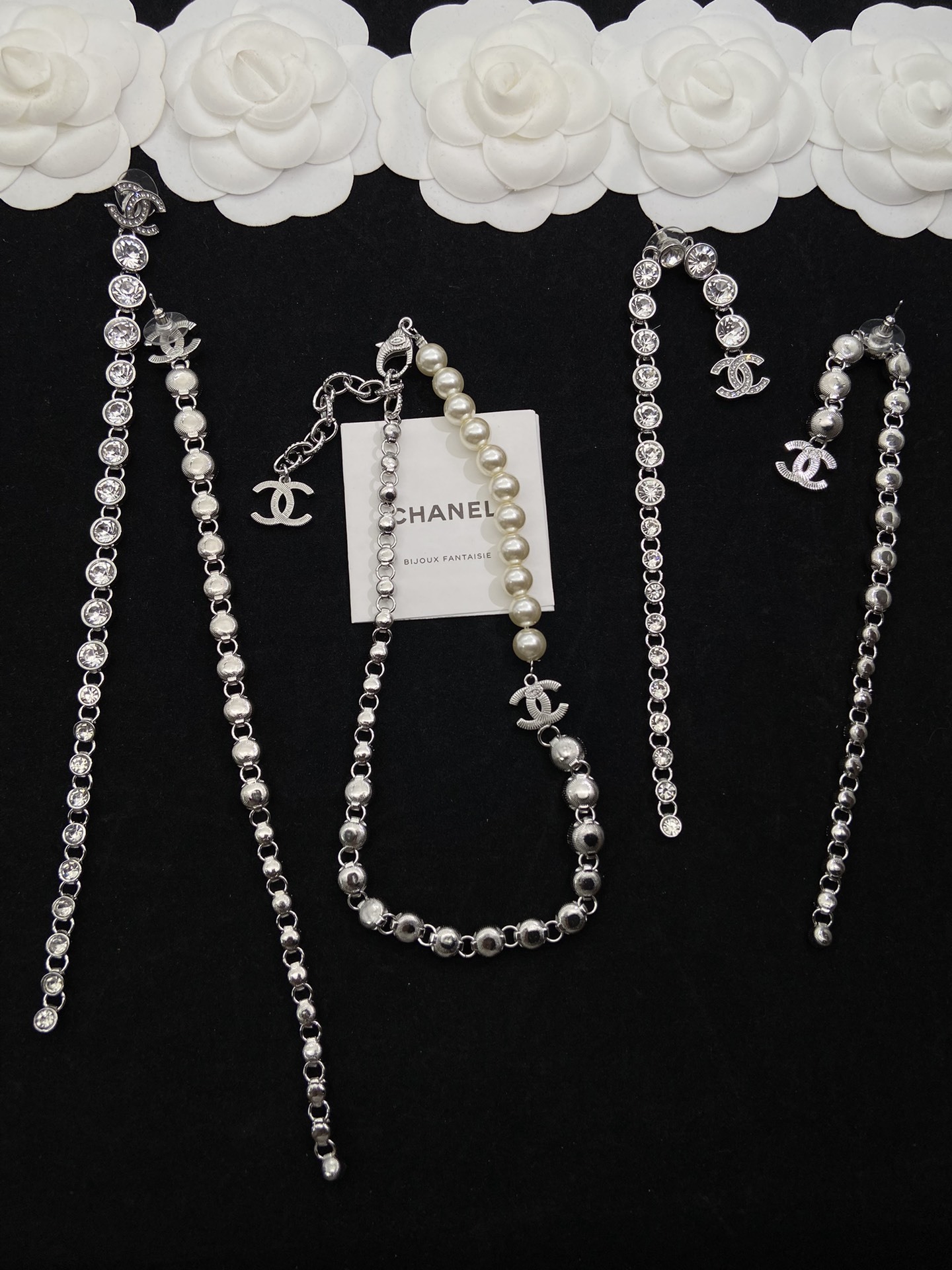 Silver-Toned Crystal & Pearl Motif Jewelry Set (Necklace, 2 Long Earring Styles)