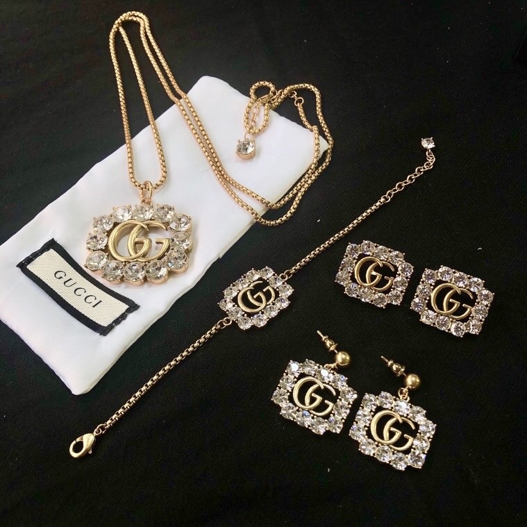 Gold-Tone Crystal-Encrusted Jewelry Set: Necklace, Bracelet, Earrings, Ring & Brooch