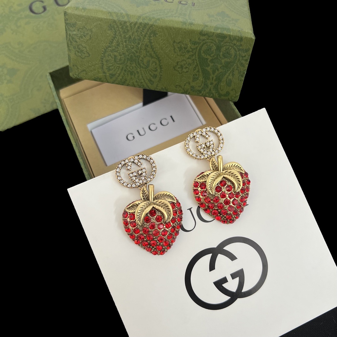 Gold-Tone Red Crystal Strawberry Jewelry Set: 2 Earring Styles, Necklace, Ring & Brooch