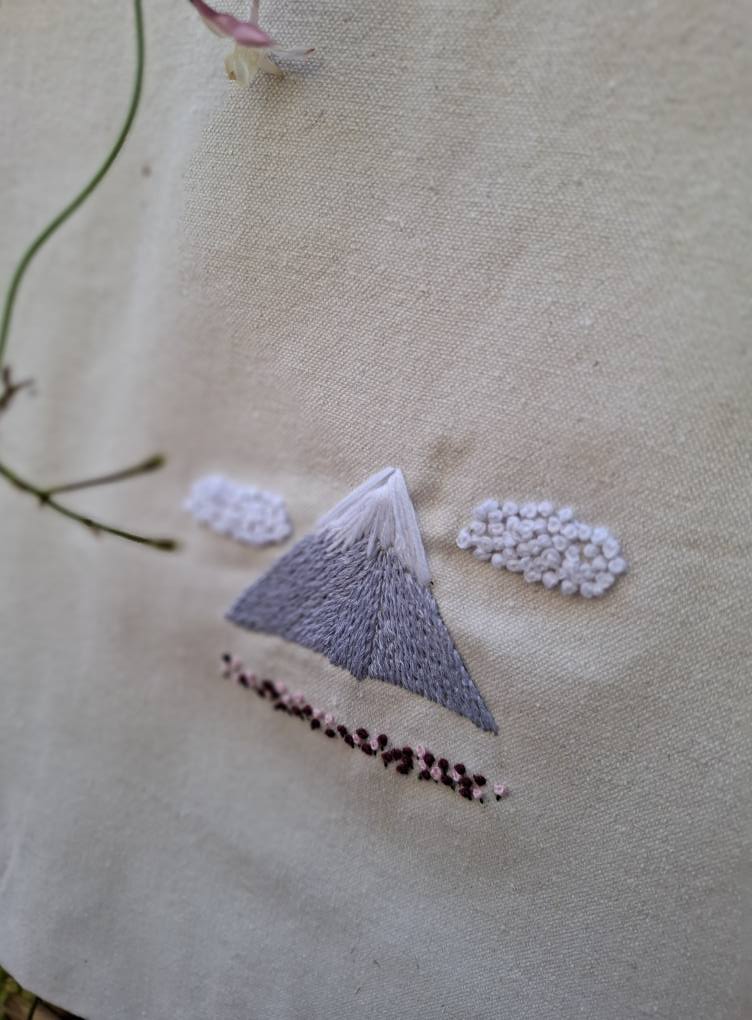 Hand-Embroidered Mountain Tote Bag