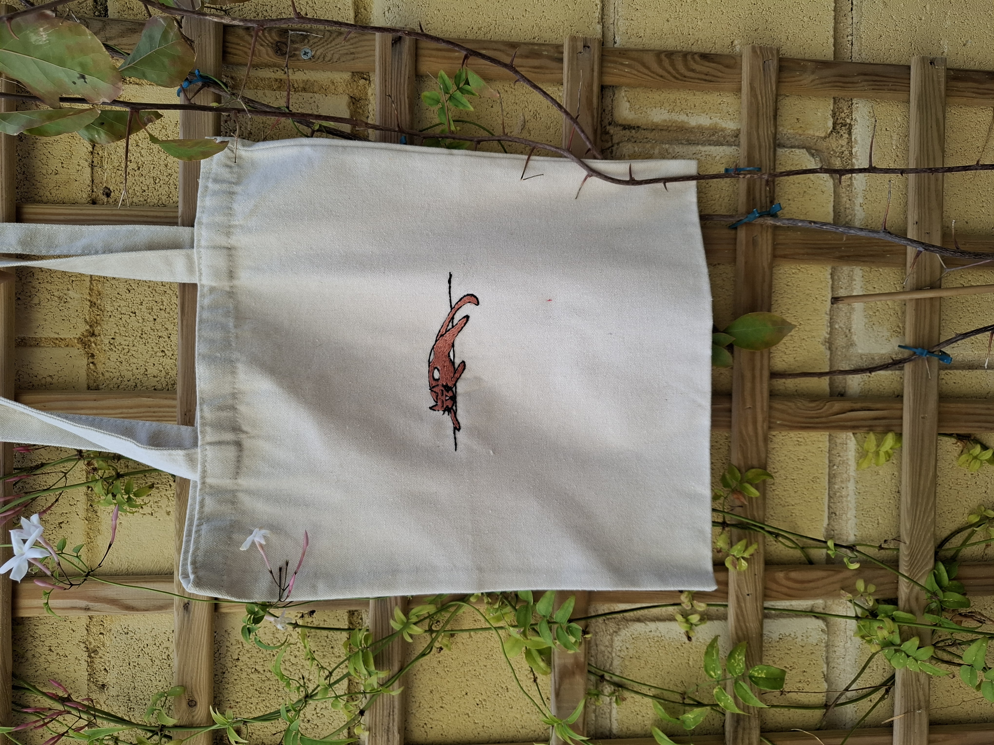 Embroidered Cat Canvas Tote Bag