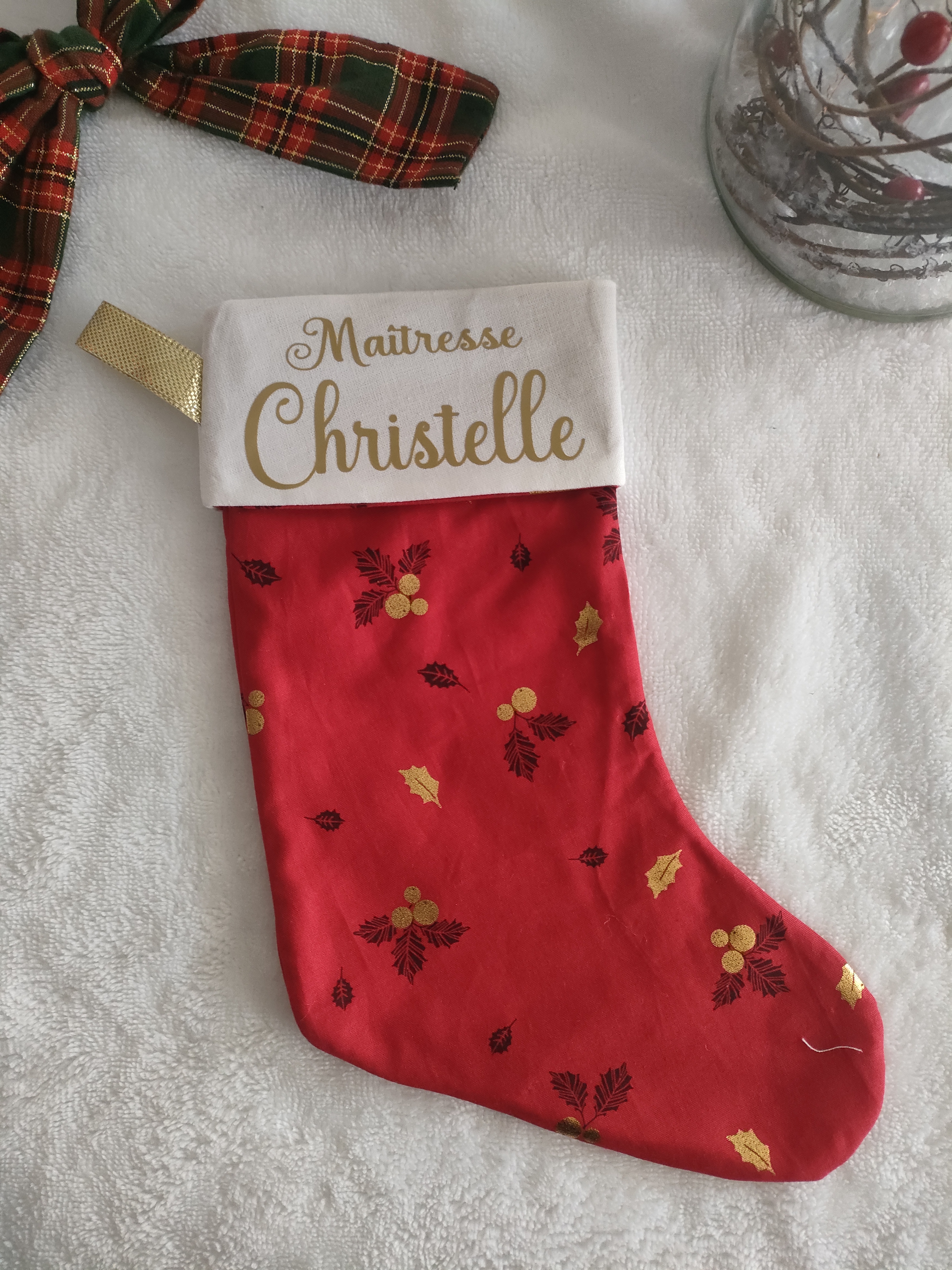 Chaussette de Noël houx doré