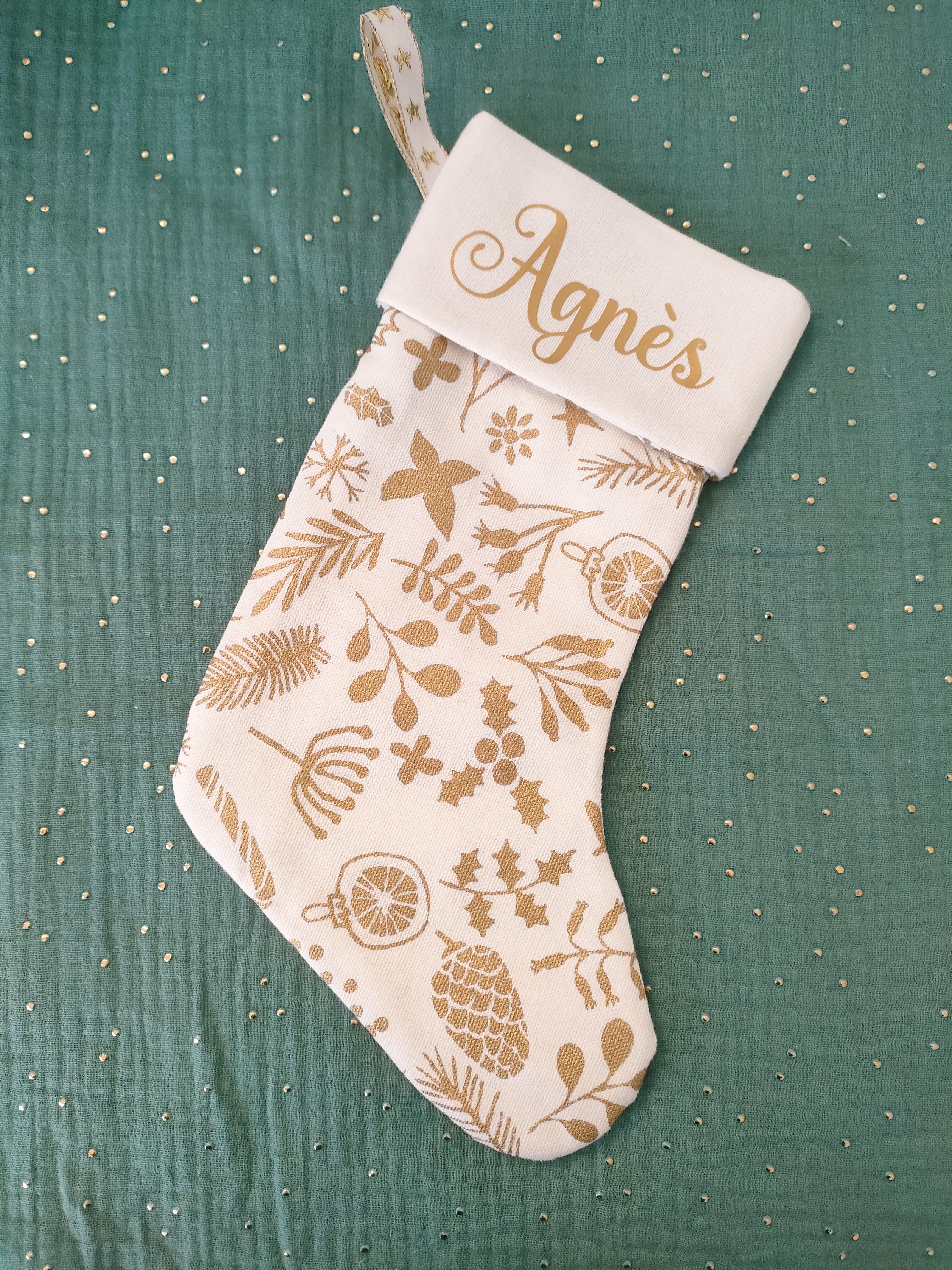 Chaussette de Noël feuilles or