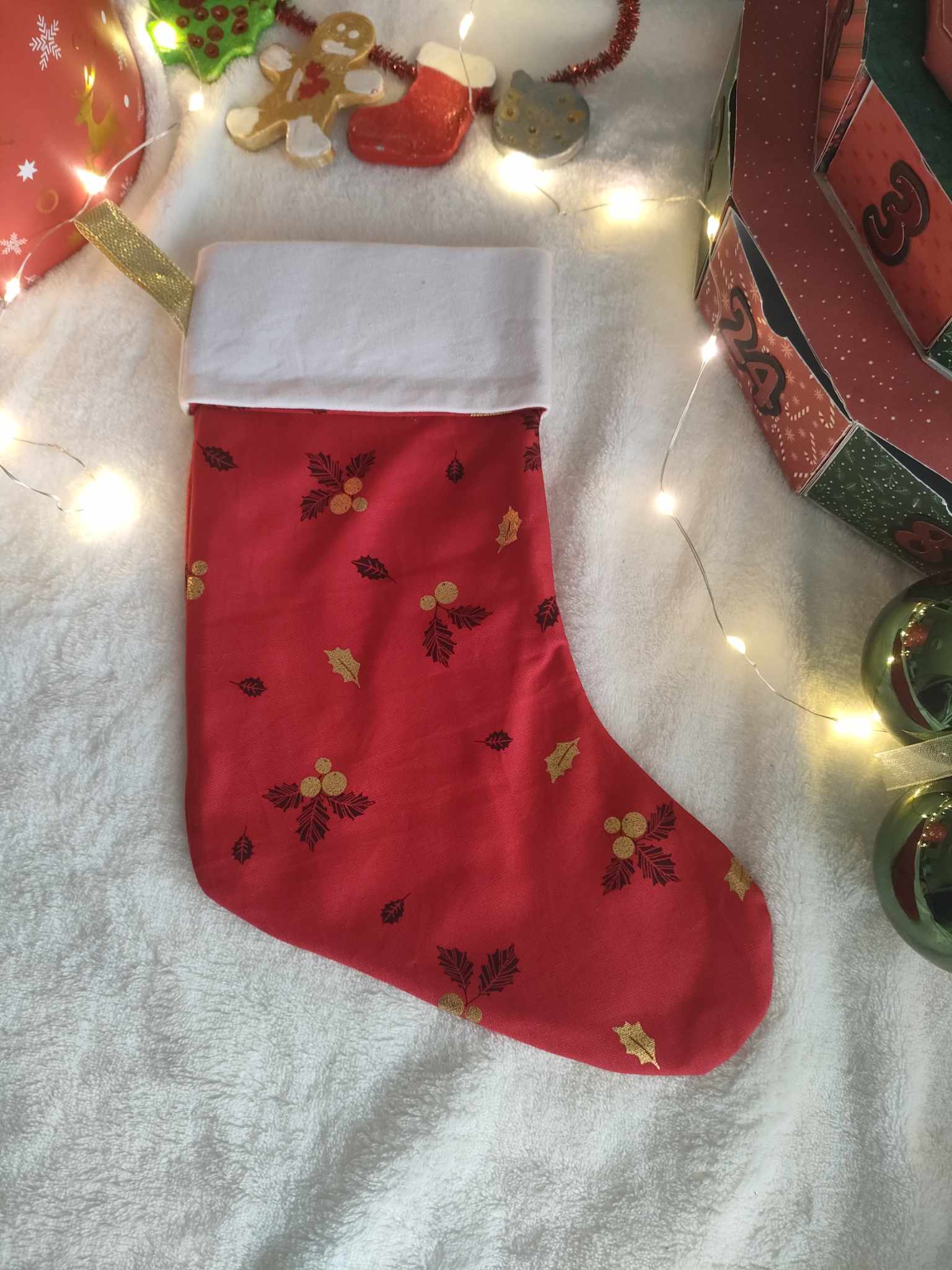 Chaussette de Noël houx doré